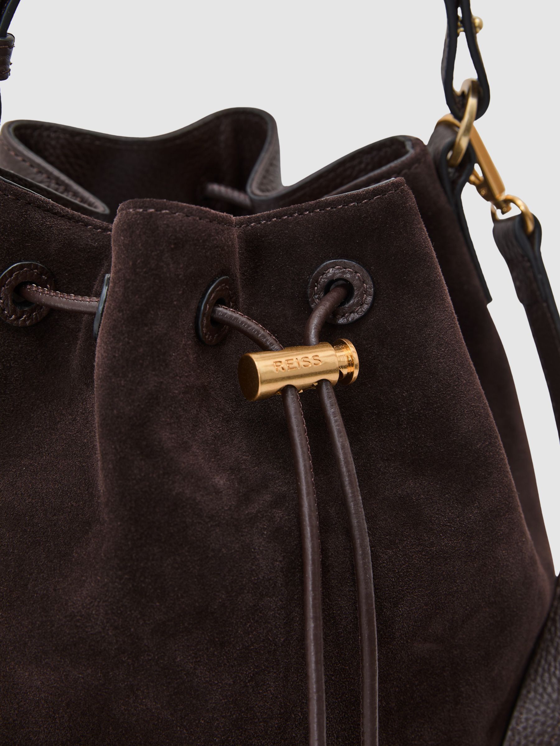 Suede and Leather Bucket Bag in Chocolate - Image 5 of 8