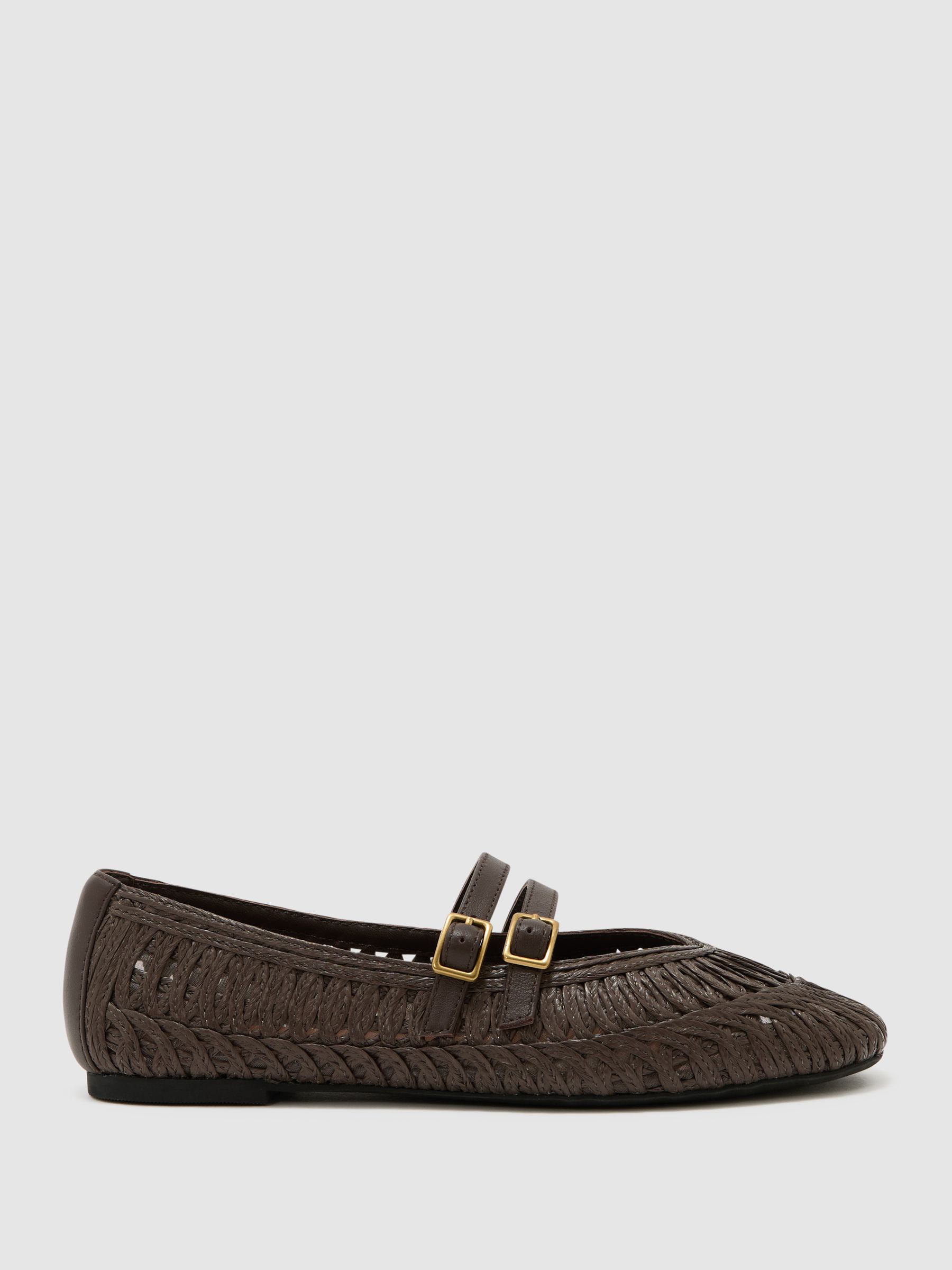 Raffia Leather-Strap Ballerina Flats in Chocolate - Image 1 of 4