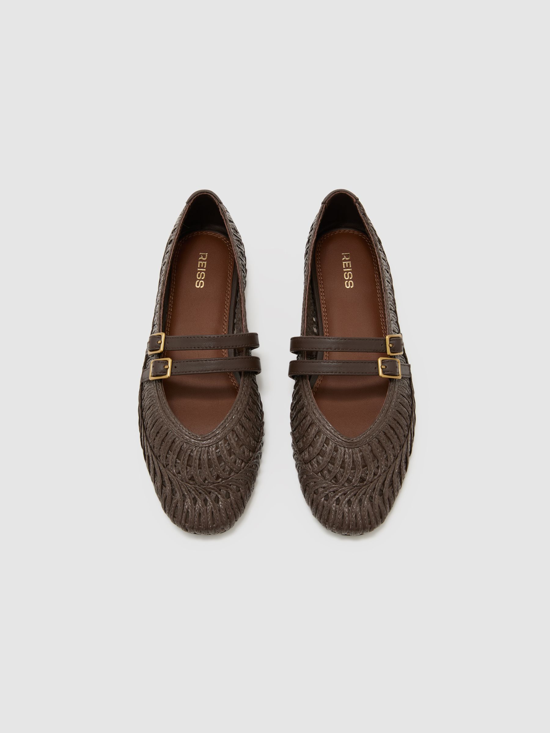 Raffia Leather-Strap Ballerina Flats in Chocolate - Image 2 of 4