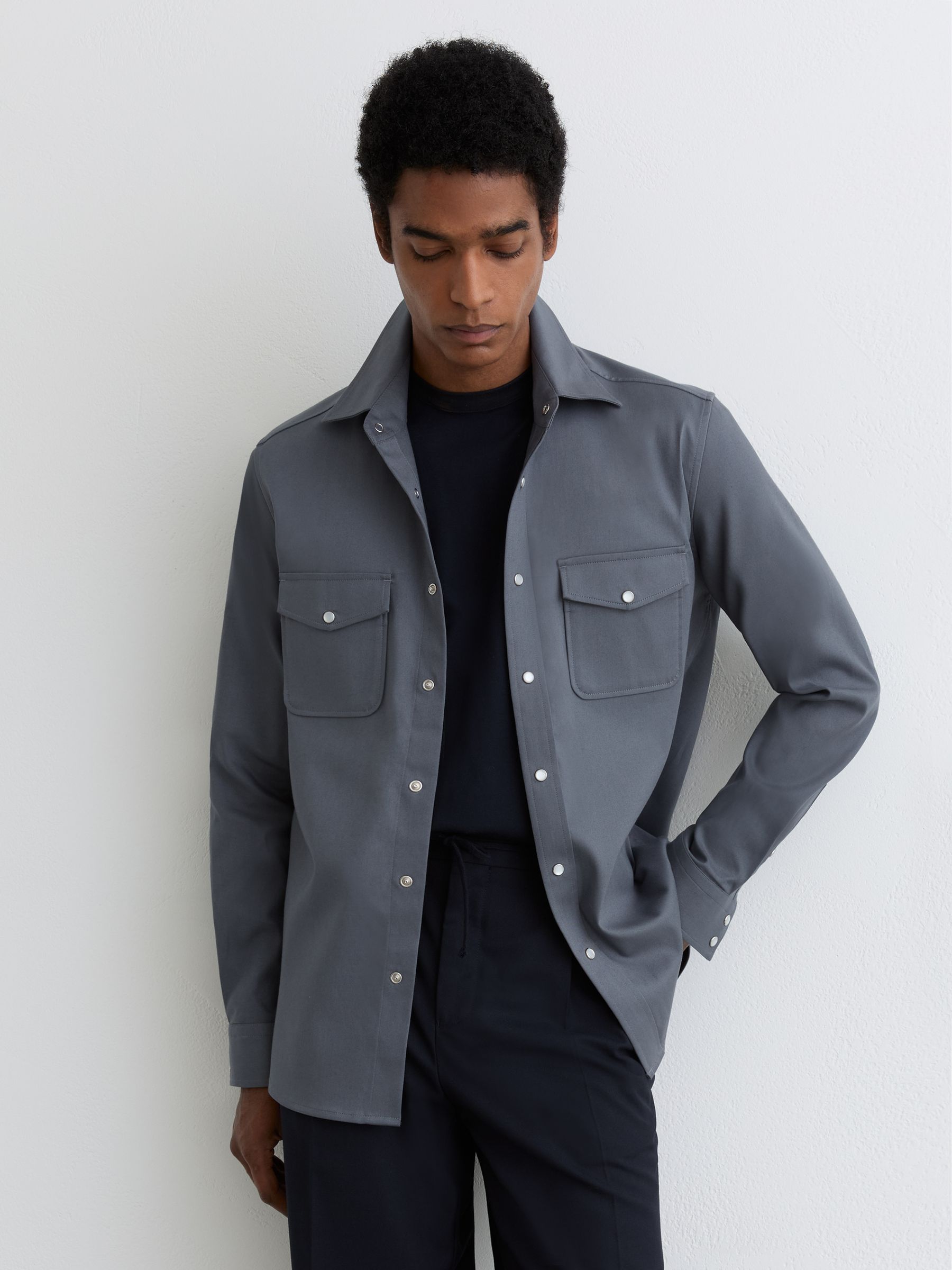 Twin-Pocket Overshirt with Stretch in Airforce Blue - Image 1 of 7