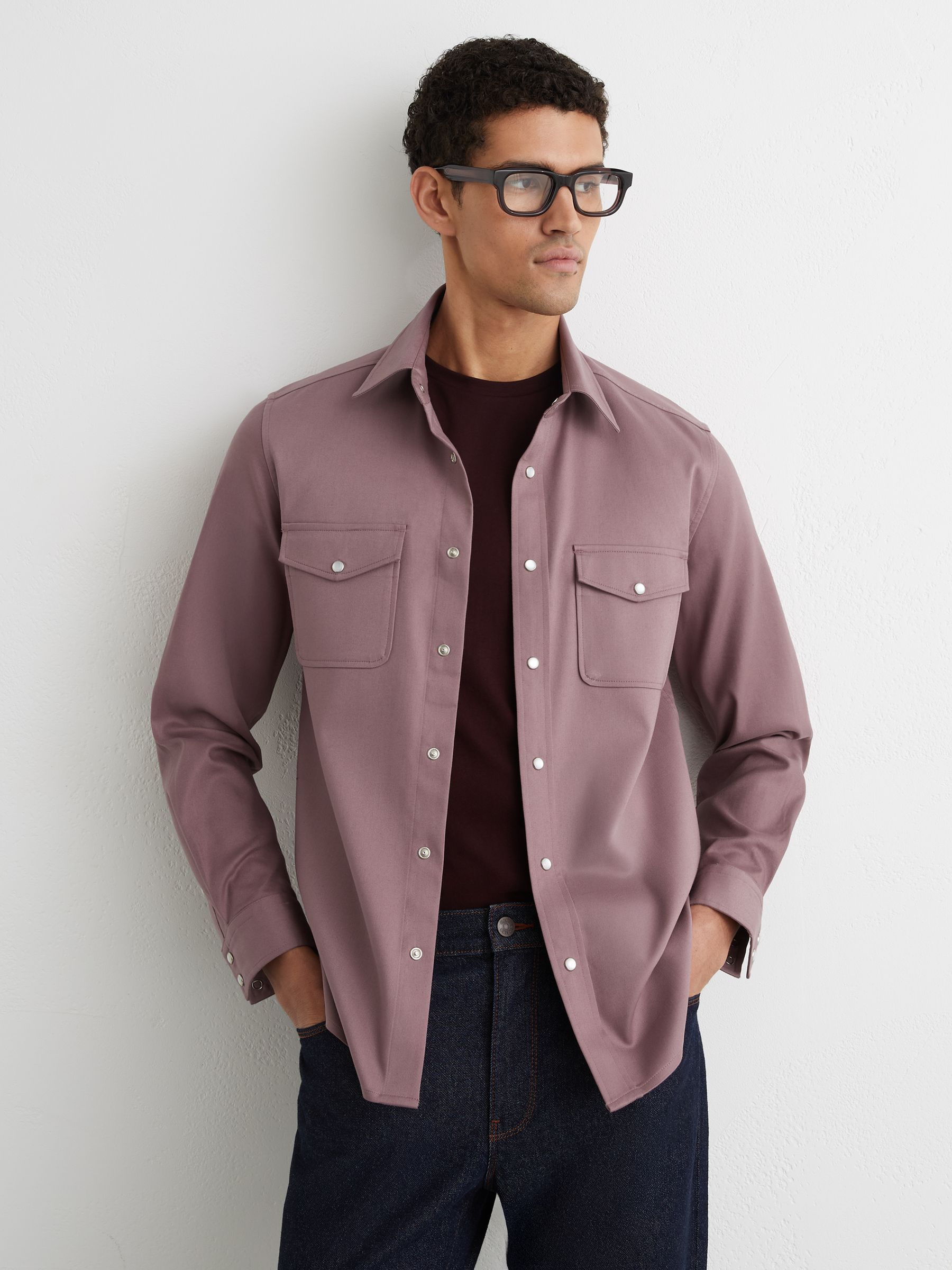 Twin-Pocket Overshirt with Stretch in Raspberry Pink - Image 1 of 7 Twin-Pocket Overshirt with Stretch in Raspberry Pink - Image 1 of 7