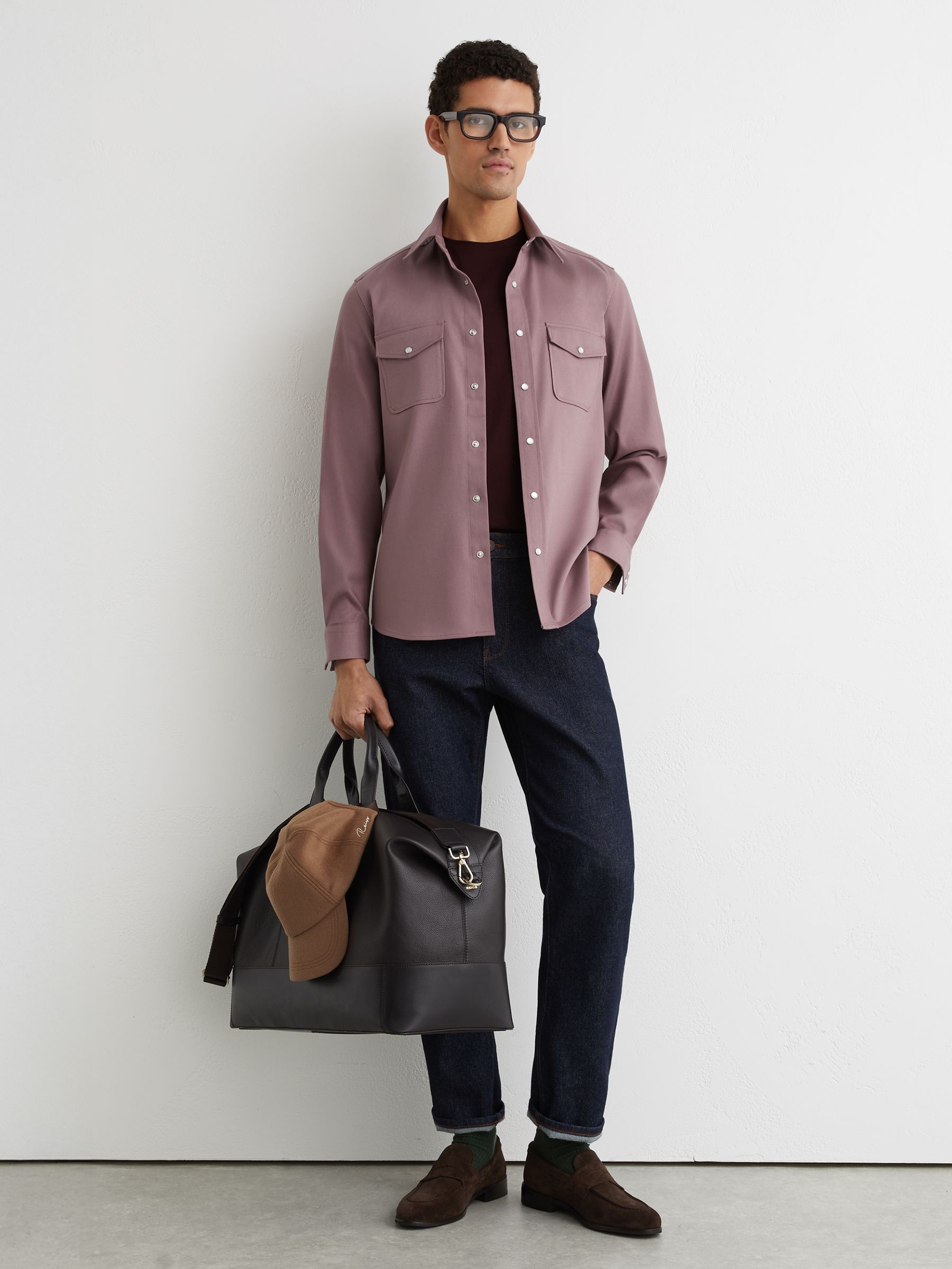 Twin-Pocket Overshirt with Stretch in Raspberry Pink - Image 3 of 7