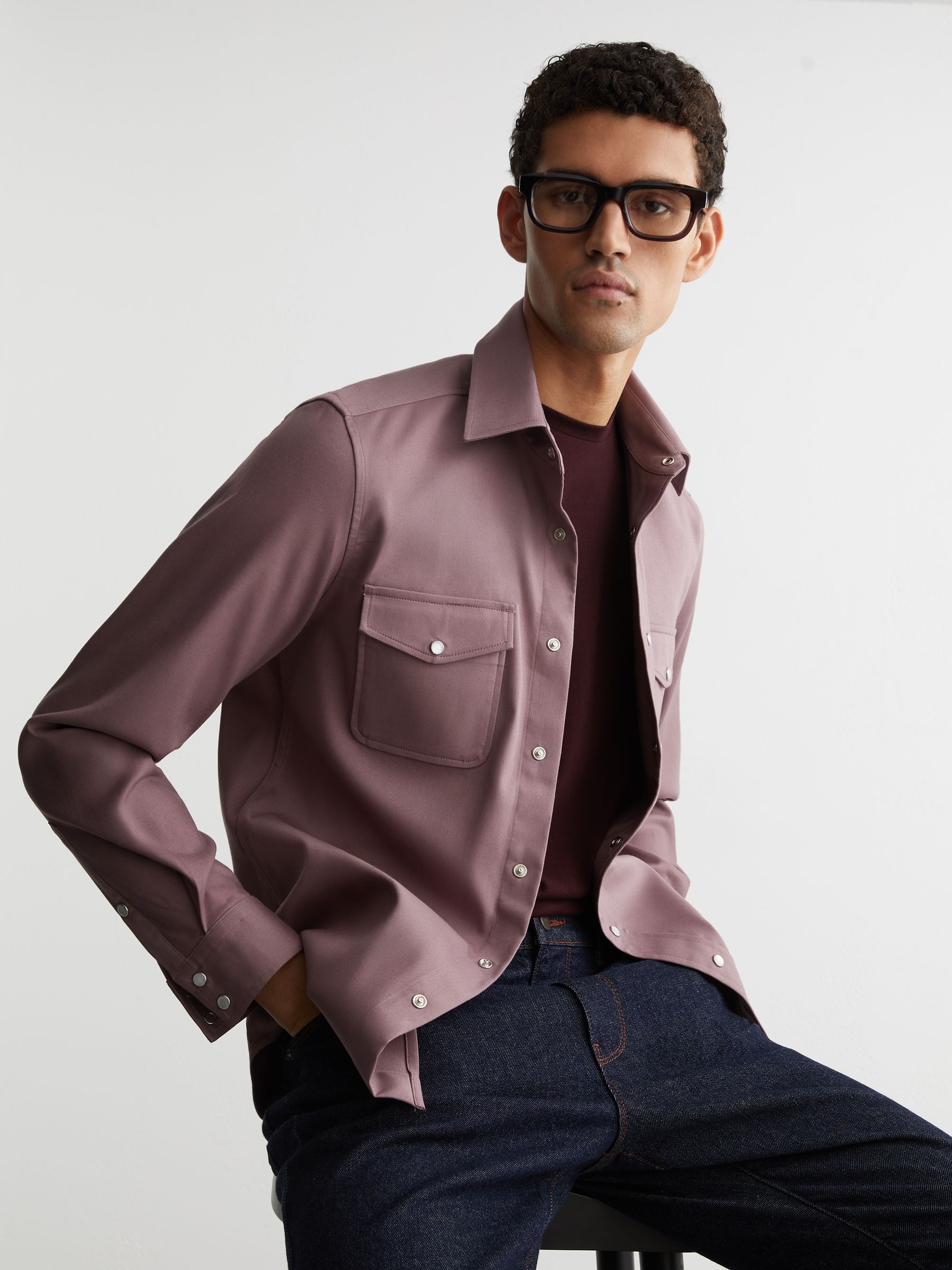 Twin-Pocket Overshirt with Stretch in Raspberry Pink - Image 5 of 7