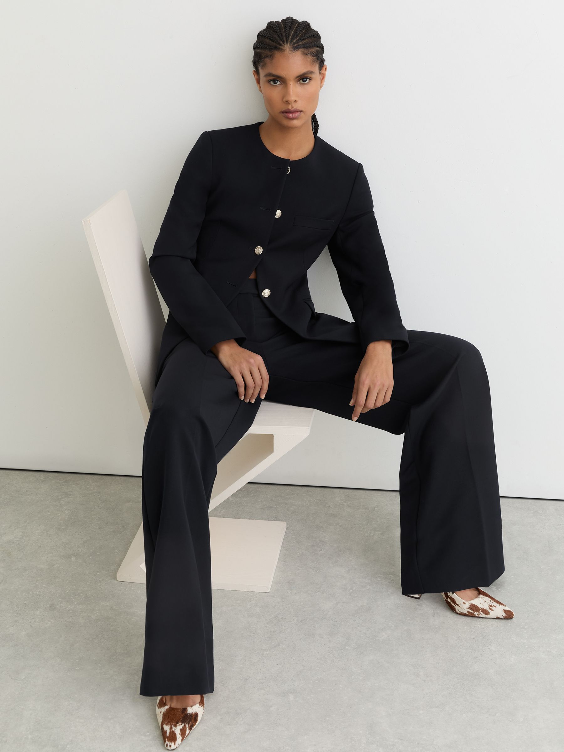 Collarless Button-Through Fitted Jacket in Navy - Image 1 of 7