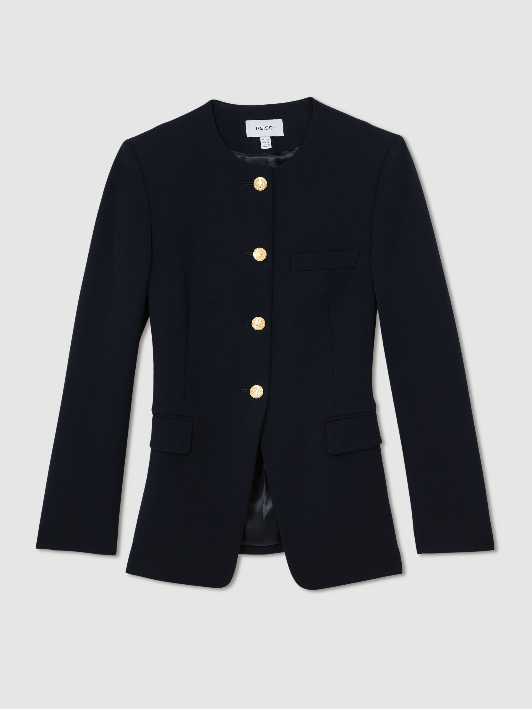 Collarless Button-Through Fitted Jacket in Navy - Image 2 of 7