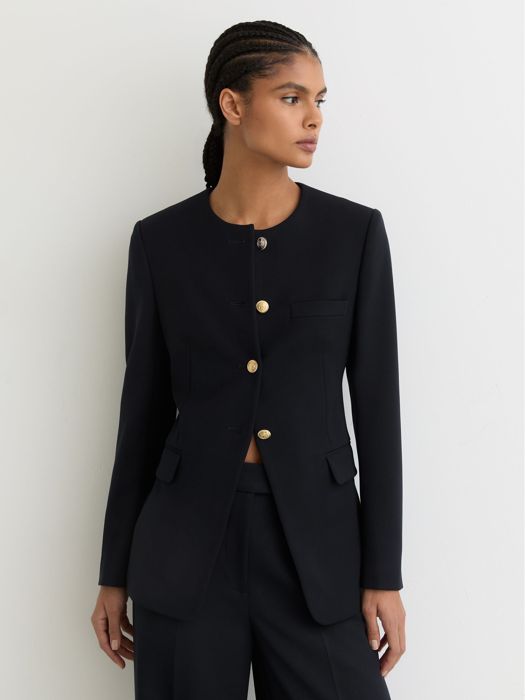 Collarless Button-Through Fitted Jacket in Navy - Image 3 of 7