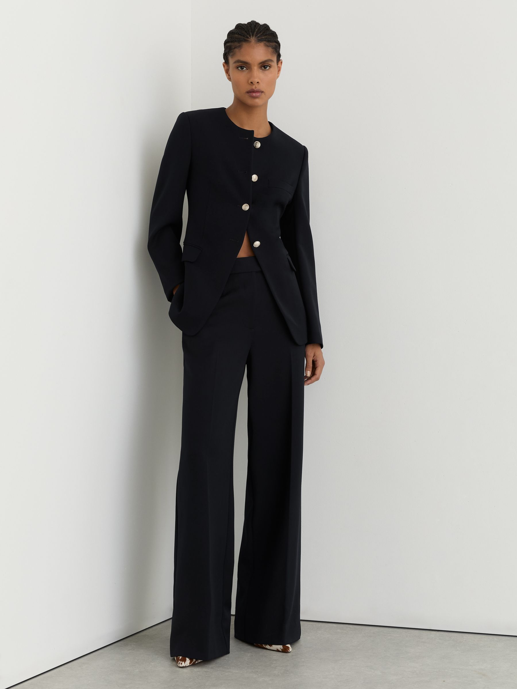 Collarless Button-Through Fitted Jacket in Navy - Image 4 of 7