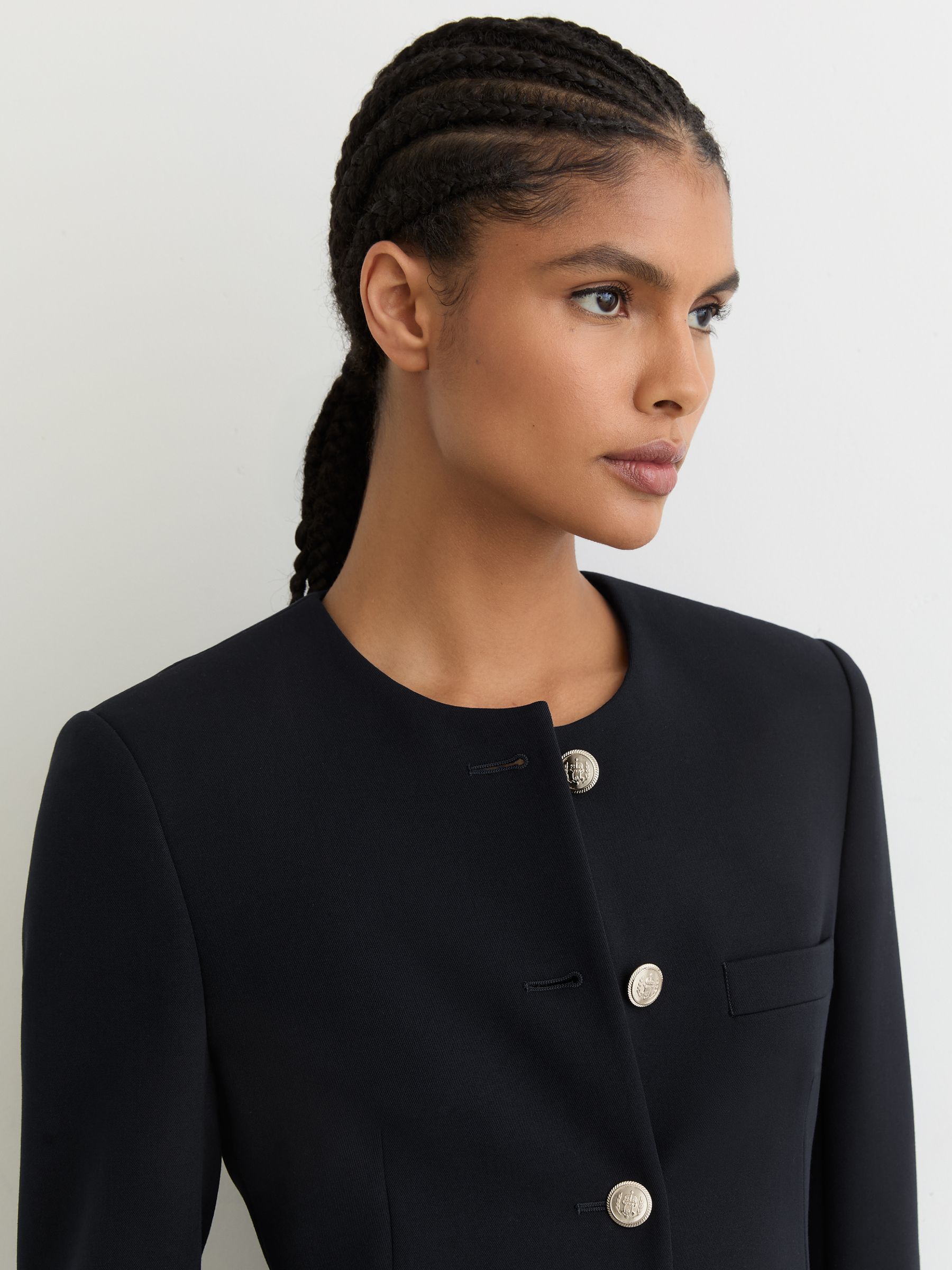 Collarless Button-Through Fitted Jacket in Navy - Image 5 of 7