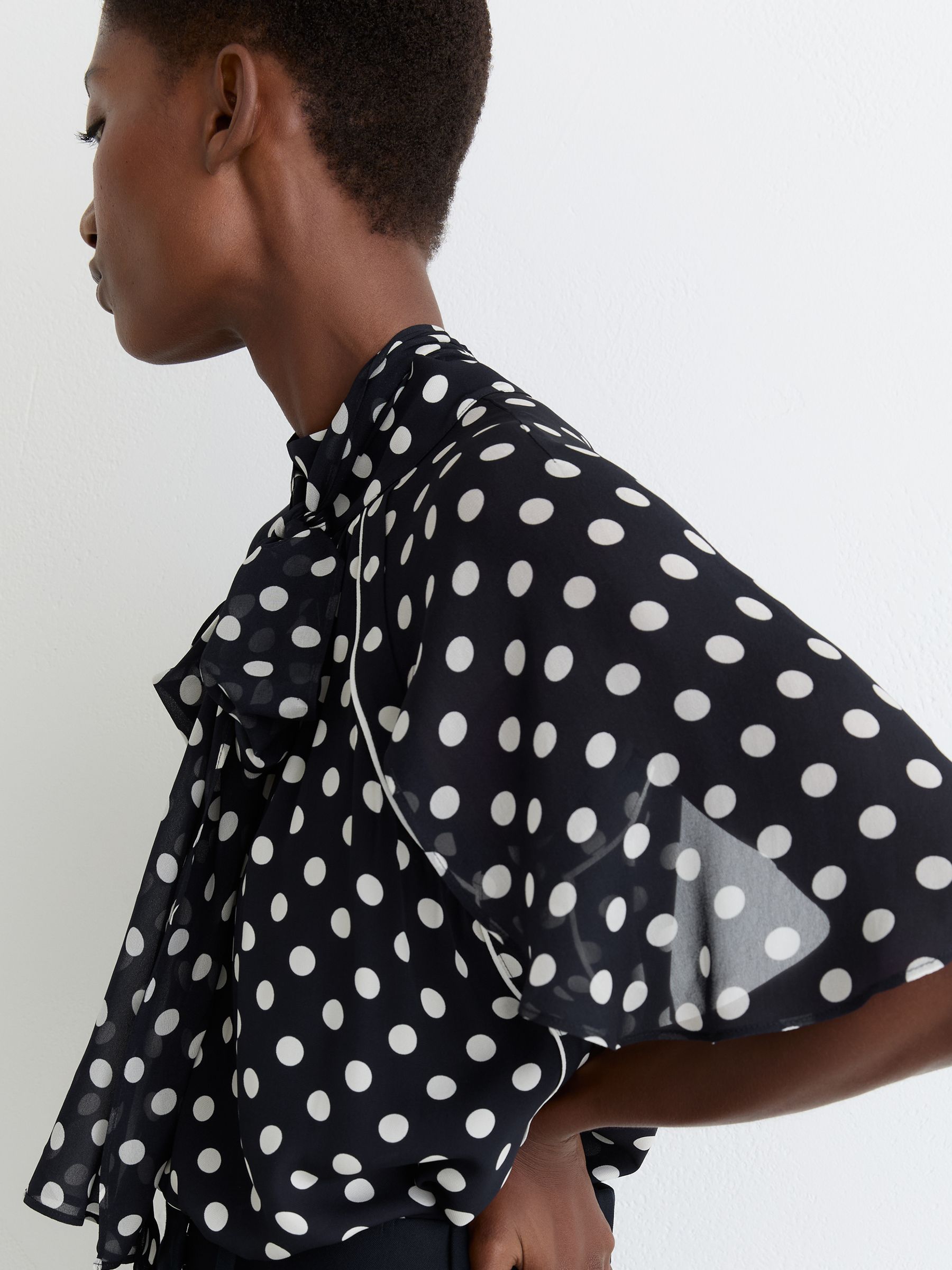 Reiss Polka-Dot Tie-Neck Blouse in Navy/Ivory | REISS