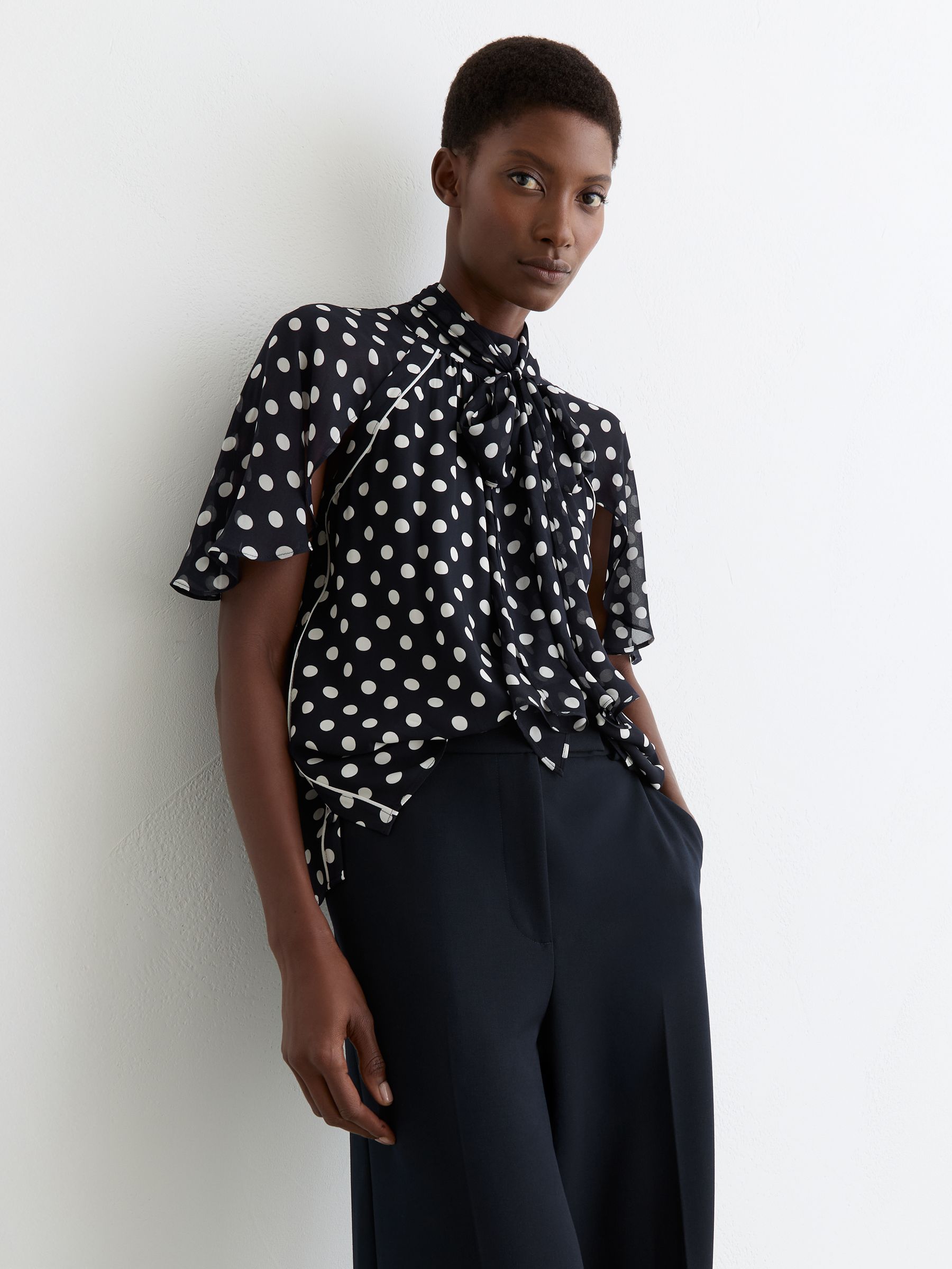 Polka-Dot Tie-Neck Blouse in Navy/Ivory - Image 4 of 8