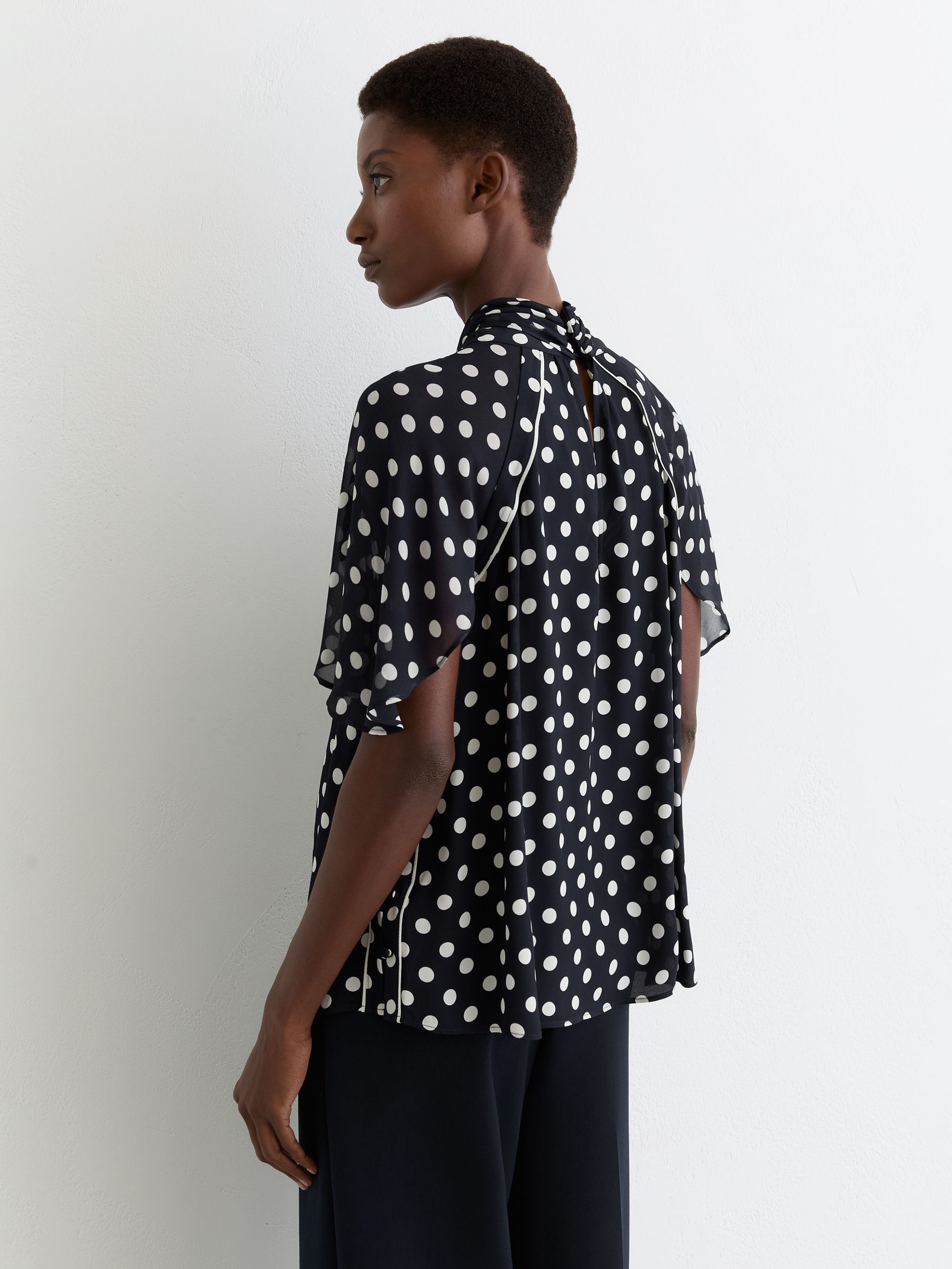 Polka-Dot Tie-Neck Blouse in Navy/Ivory - Image 5 of 8