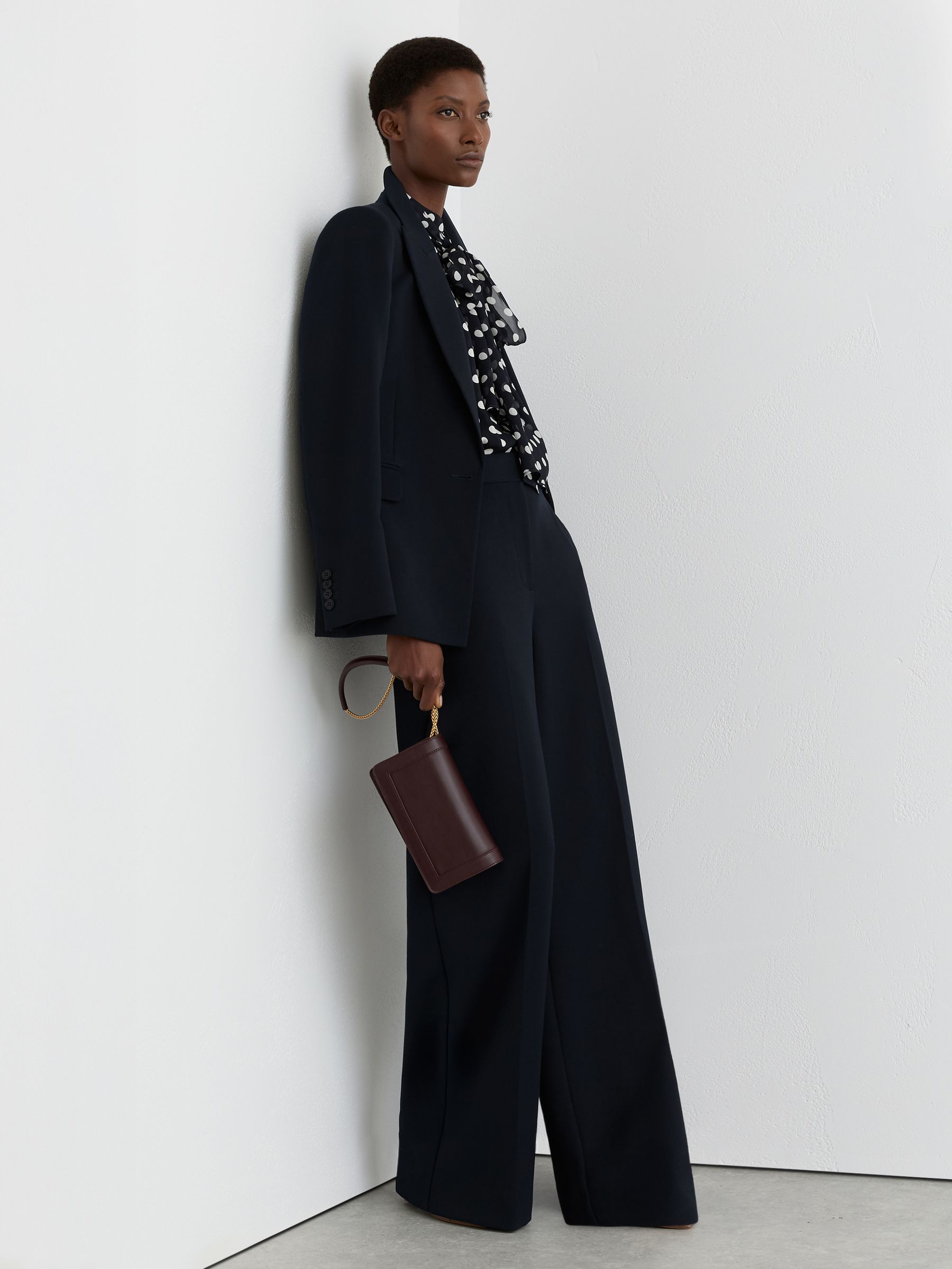 Polka-Dot Tie-Neck Blouse in Navy/Ivory - Image 6 of 8