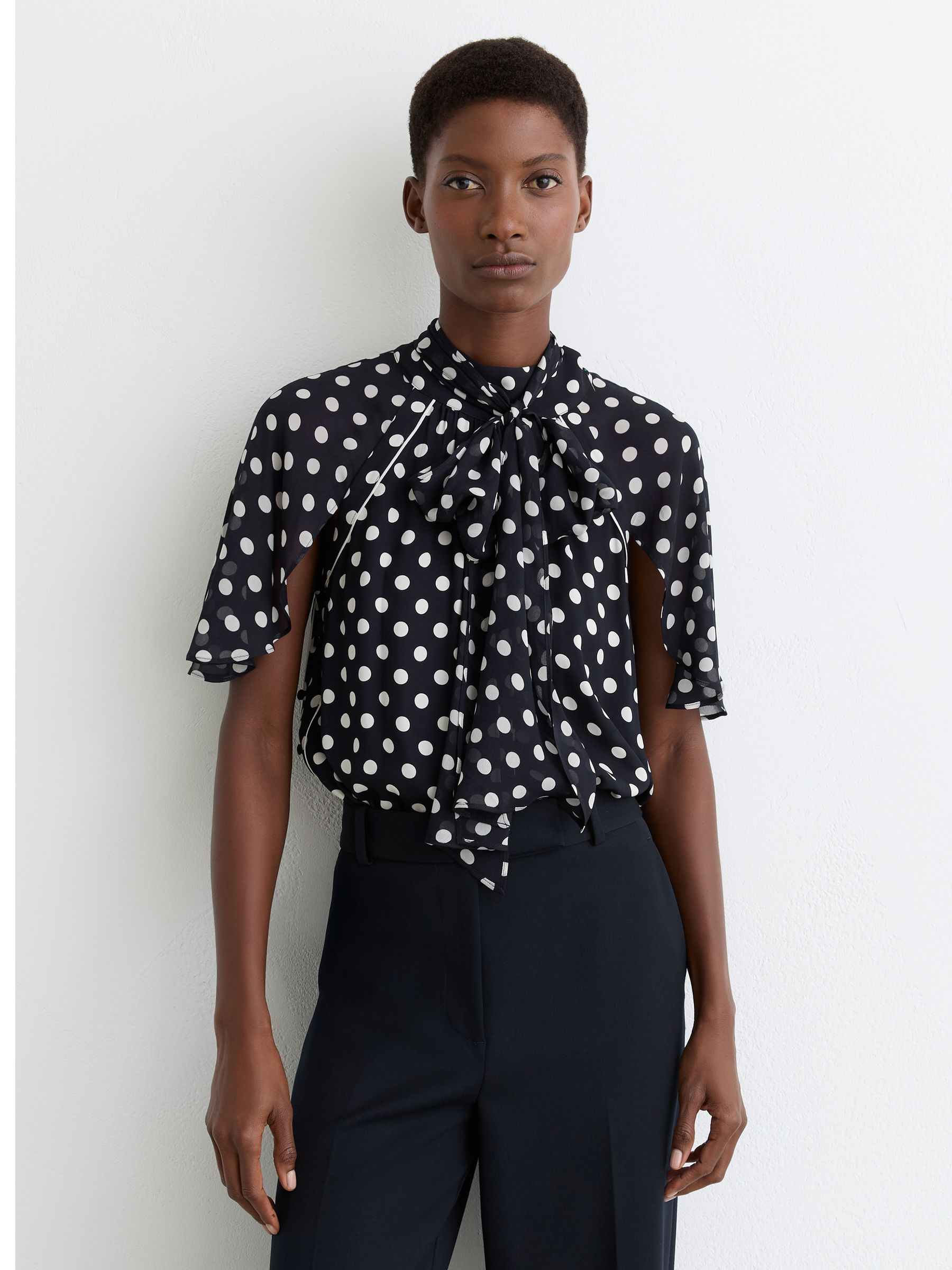 Polka-Dot Tie-Neck Blouse in Navy/Ivory - Image 7 of 8