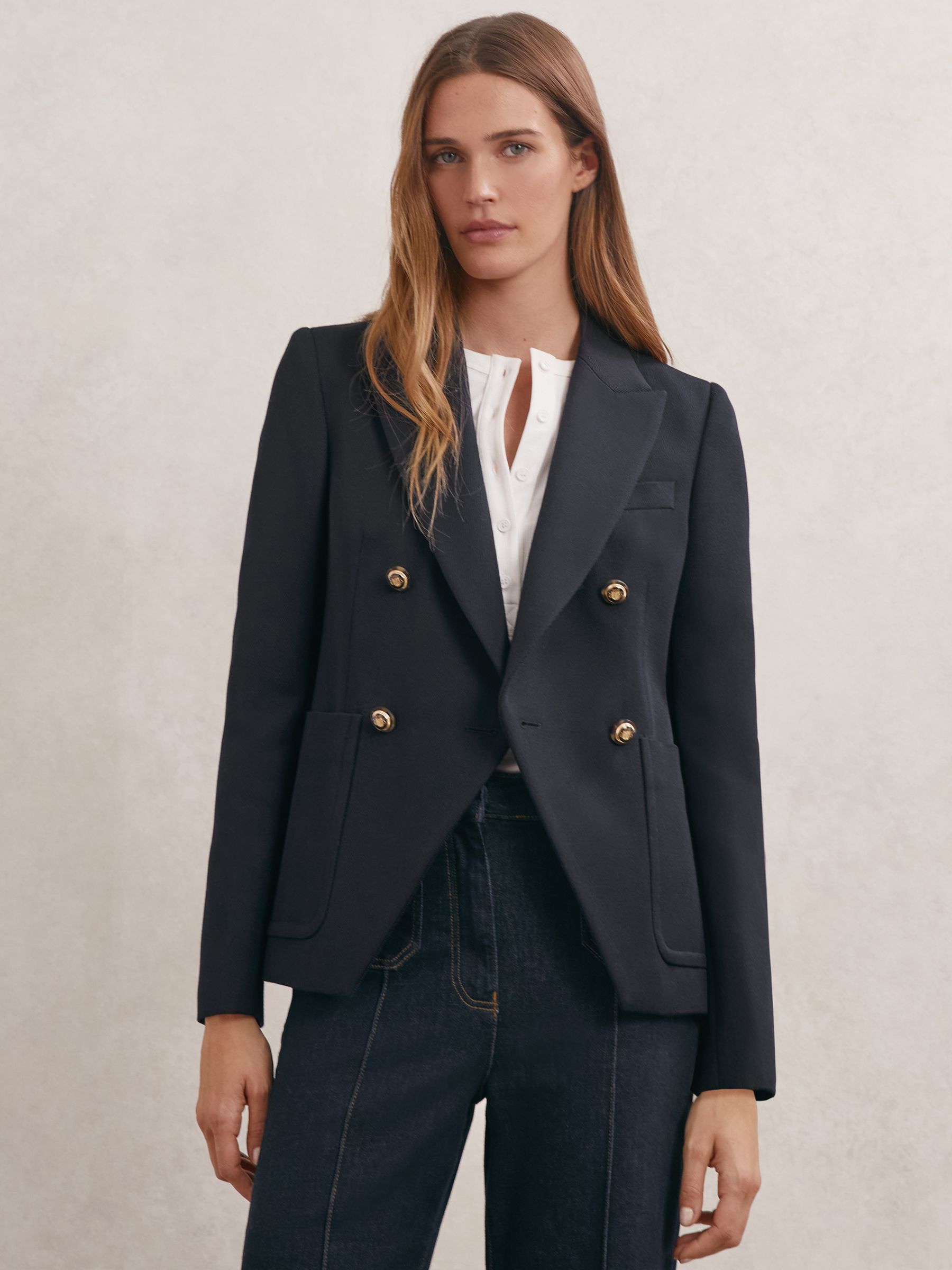 Petite Wool-Blend Double-Breasted Blazer in Navy - image 2