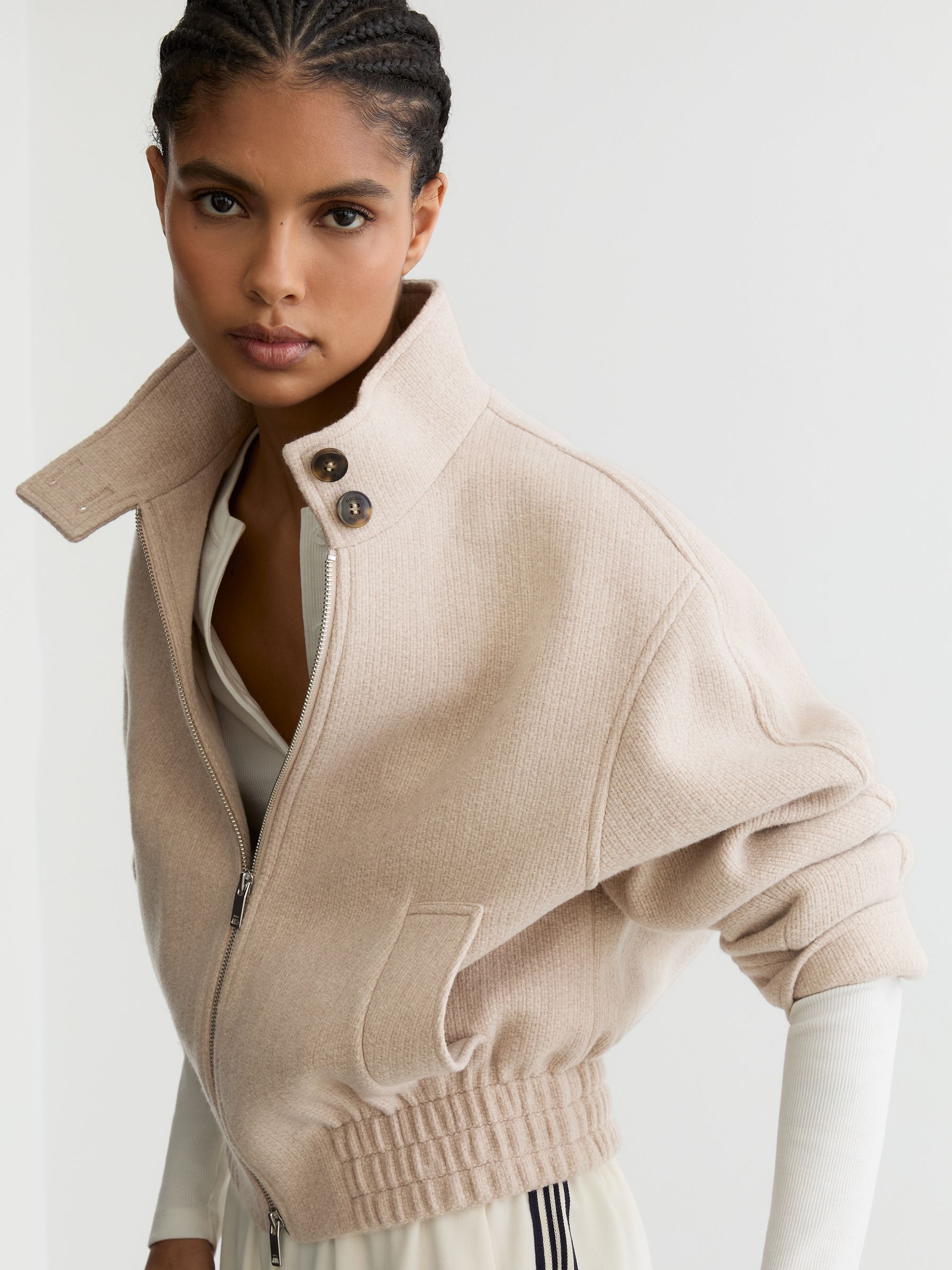 Reiss Wool Funnel-Neck Bomber Coat in Neutral | REISS