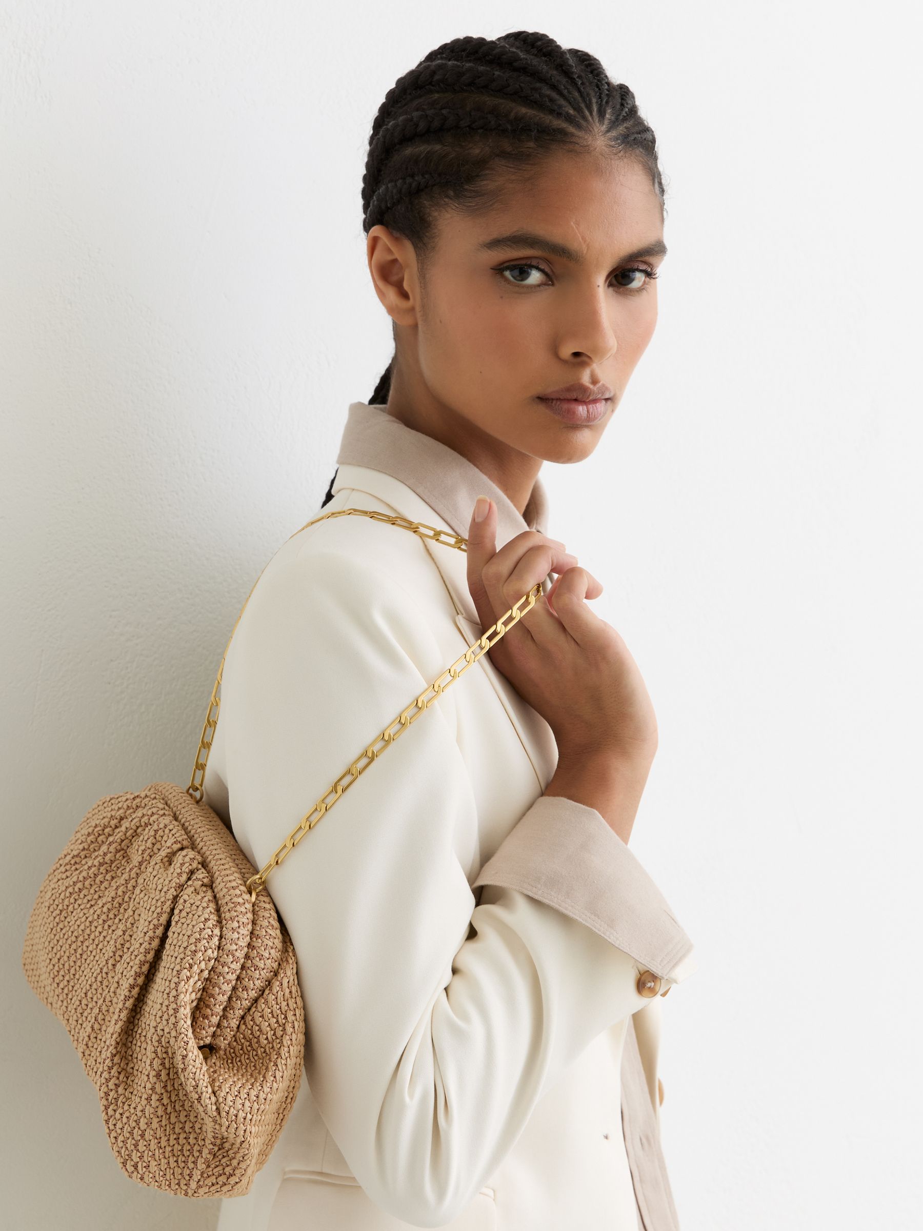 Raffia-Effect Ruched Clutch Bag in Natural - Image 1 of 6