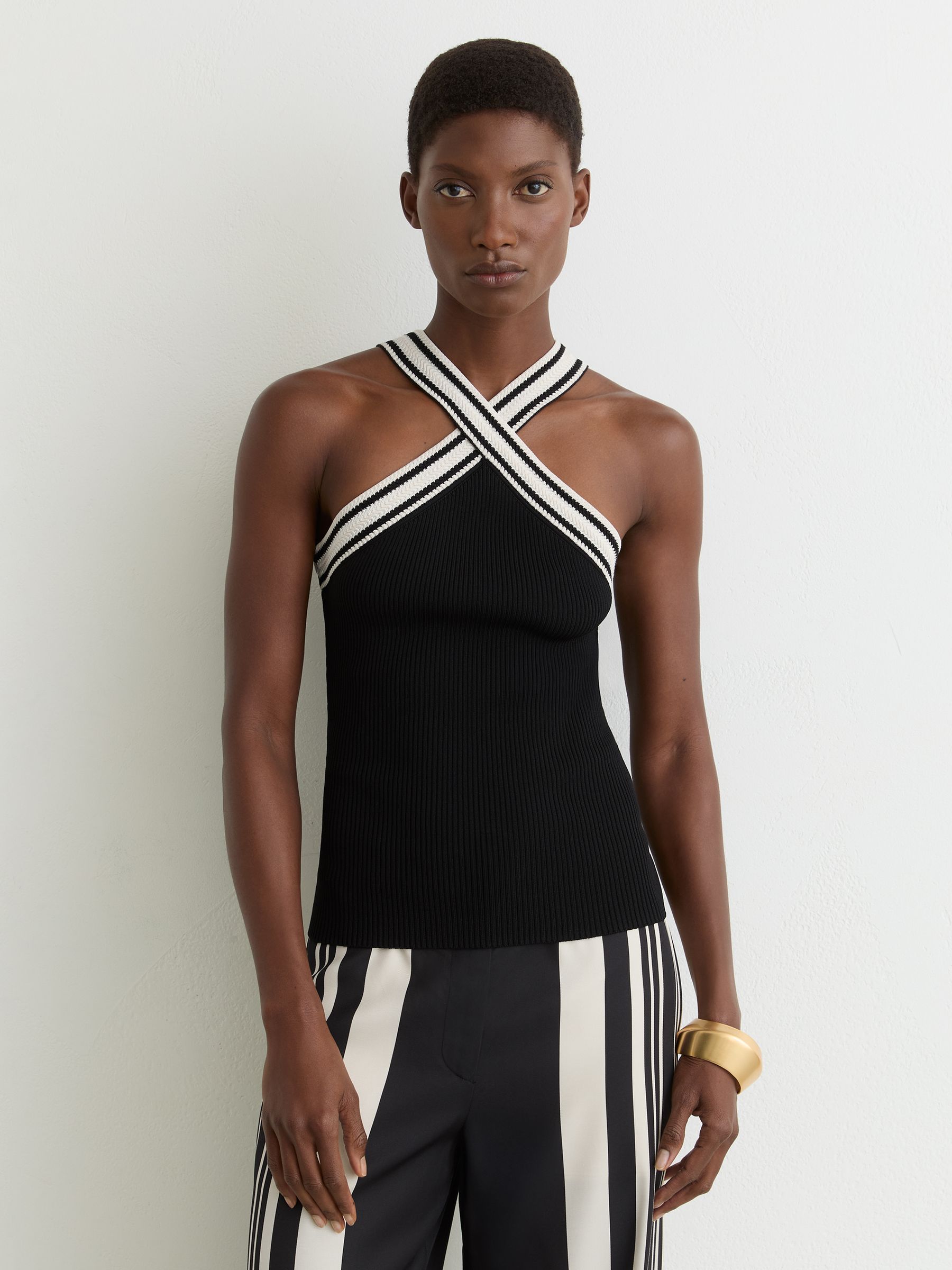 Contrast-Neckline Rib-Knit Top in Black/White - image 2