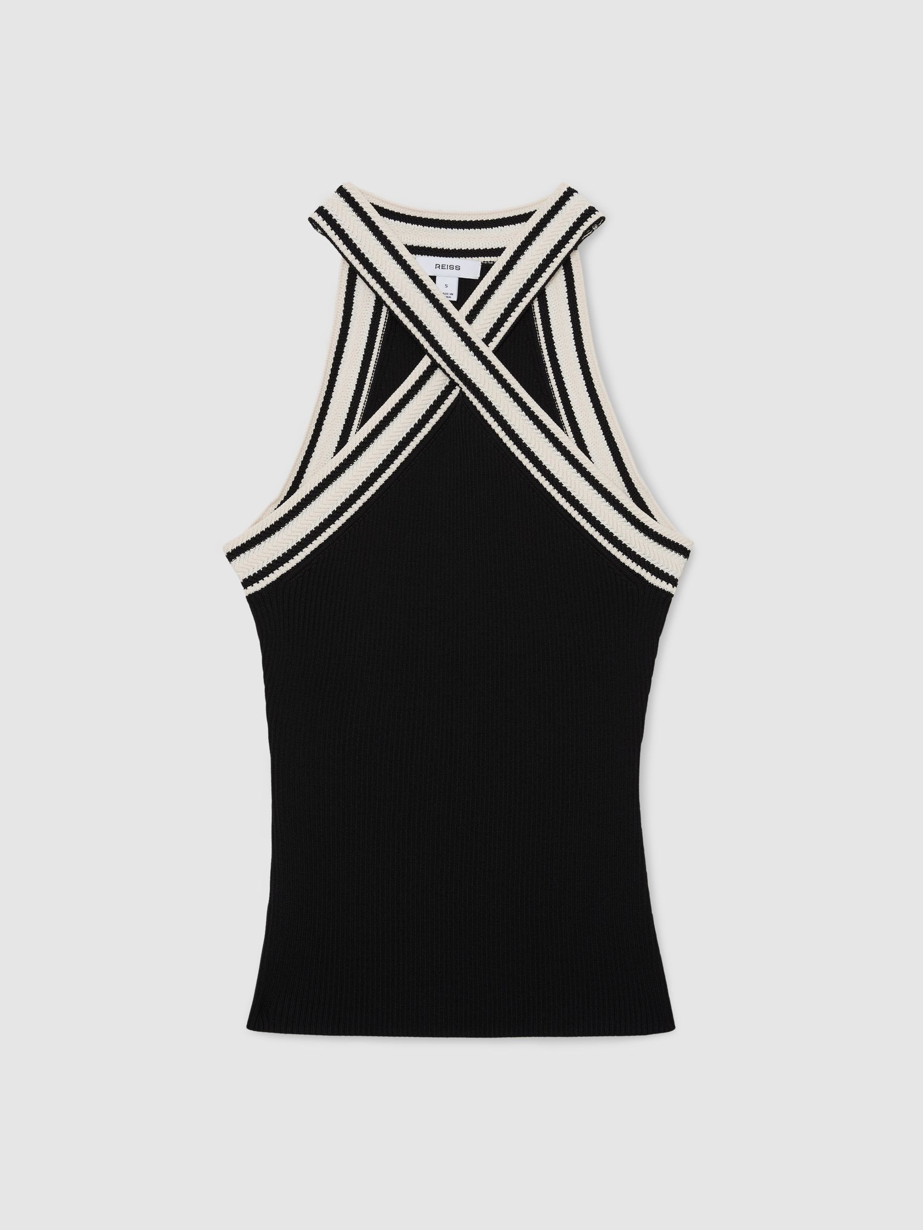 Contrast-Neckline Rib-Knit Top in Black/White - Image 2 of 6