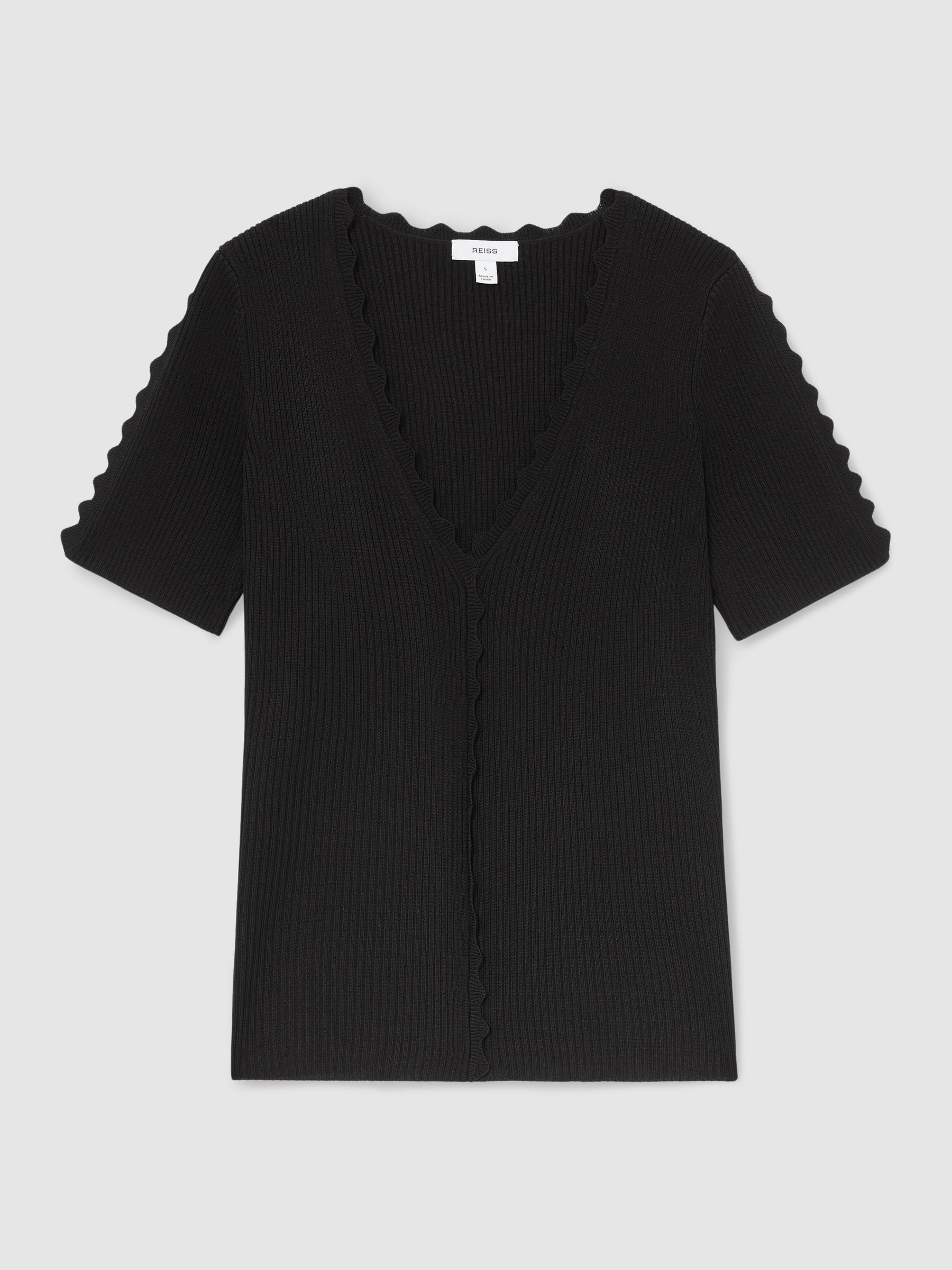 Scallop-Trim Rib-Knit Top in Black - image 1