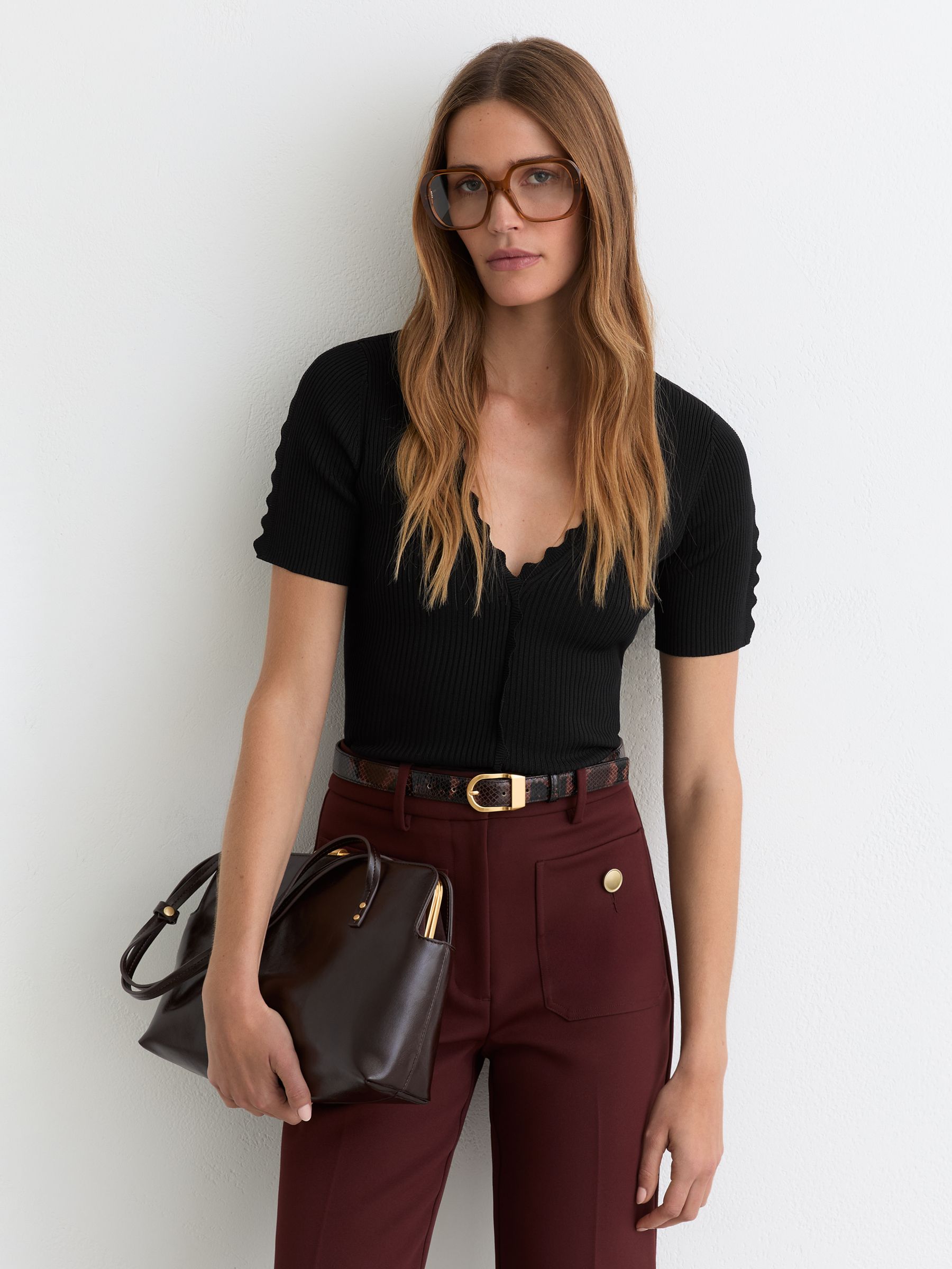 Scallop-Trim Rib-Knit Top in Black - Image 3 of 6