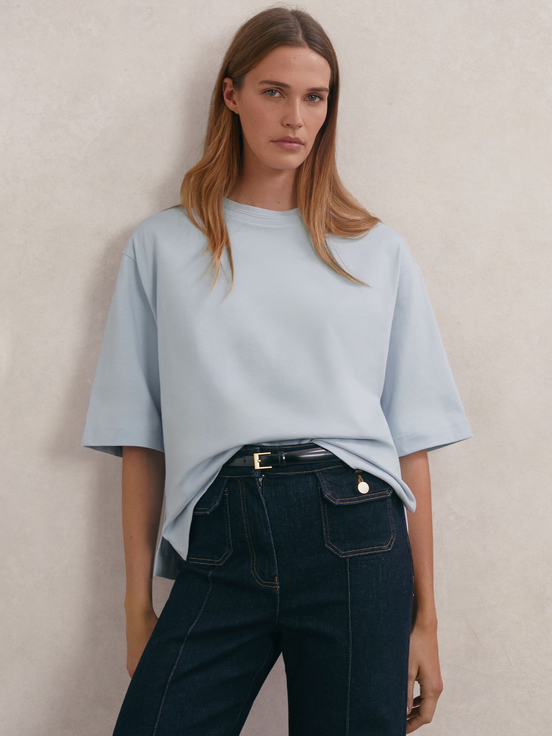 Cotton Ribbed-Neck Oversized T-Shirt in Ice Blue - Image 1 of 6
