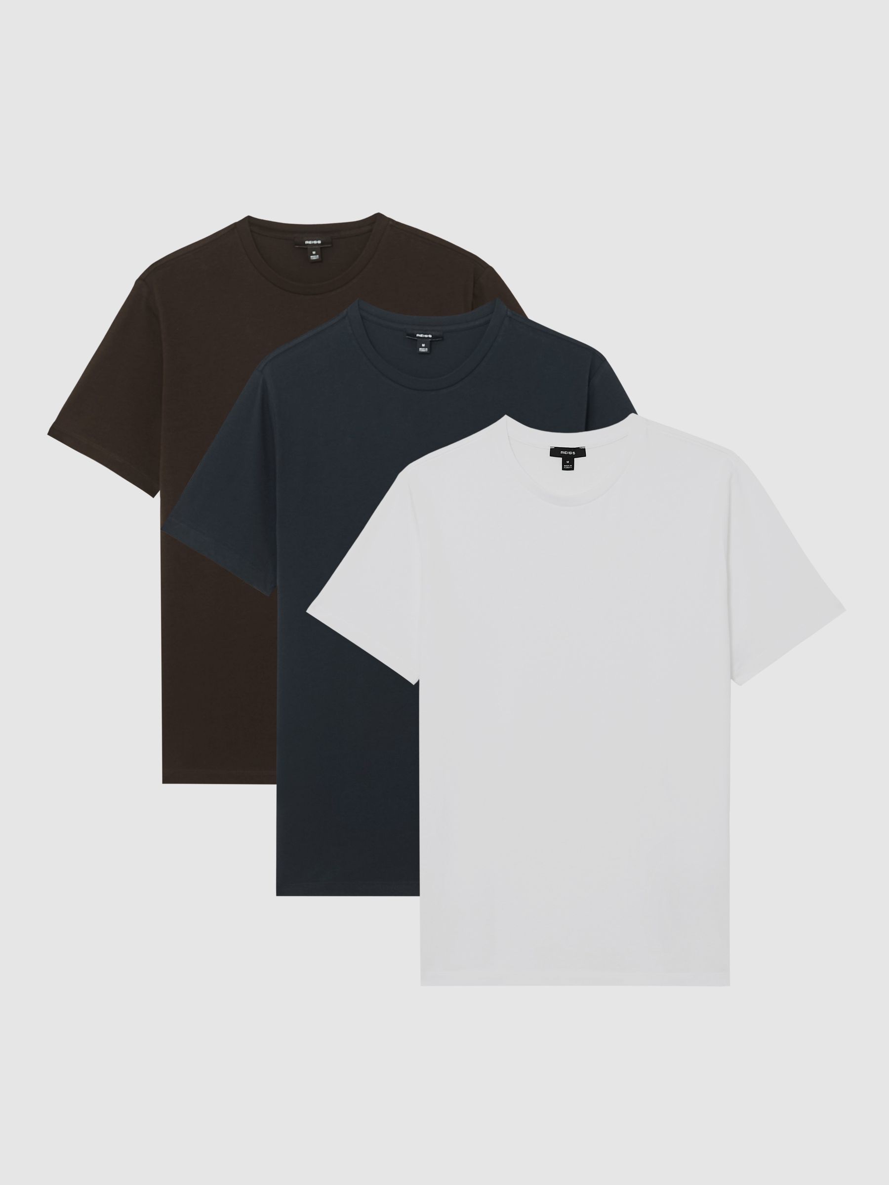 Cotton Crew-Neck Tailored-Fit T-Shirts 3-Pack in White/Navy/Coco Brown - image 1