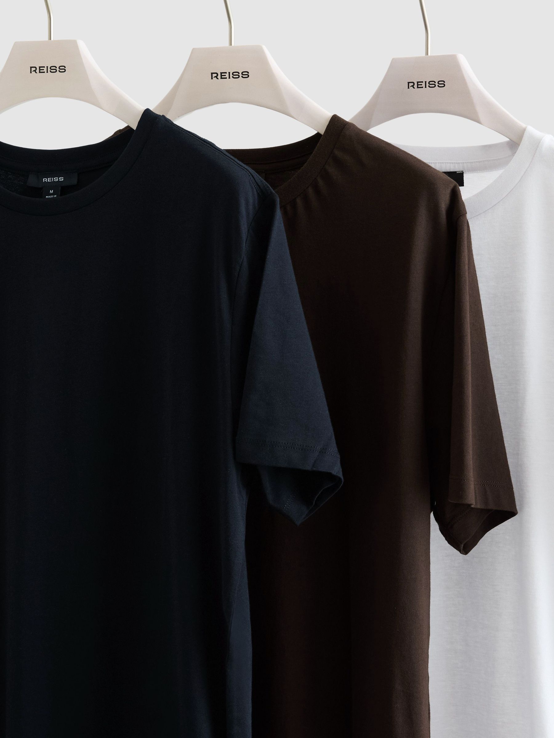 Cotton Crew-Neck Tailored-Fit T-Shirts 3-Pack in White/Navy/Coco Brown - Image 7 of 7