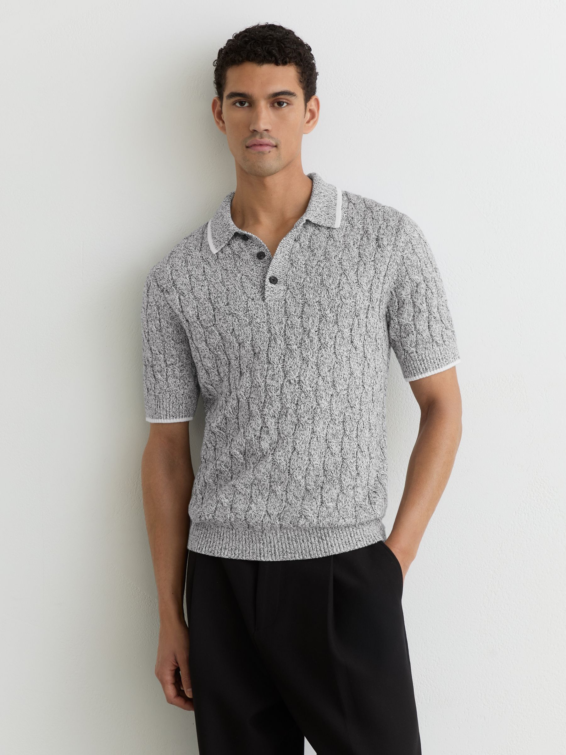 Cotton Cable-Knit Polo Shirt in Black/White - Image 1 of 6