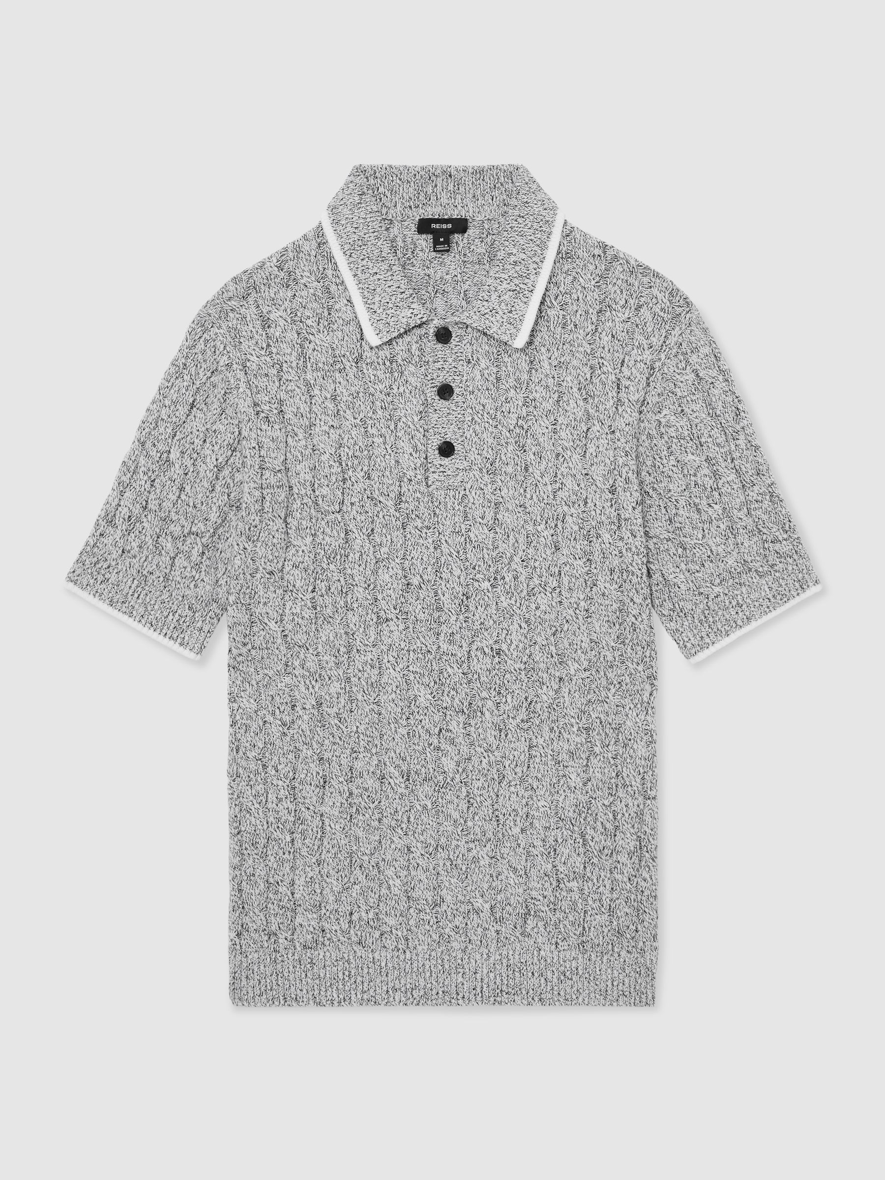 Cotton Cable-Knit Polo Shirt in Black/White - Image 2 of 6