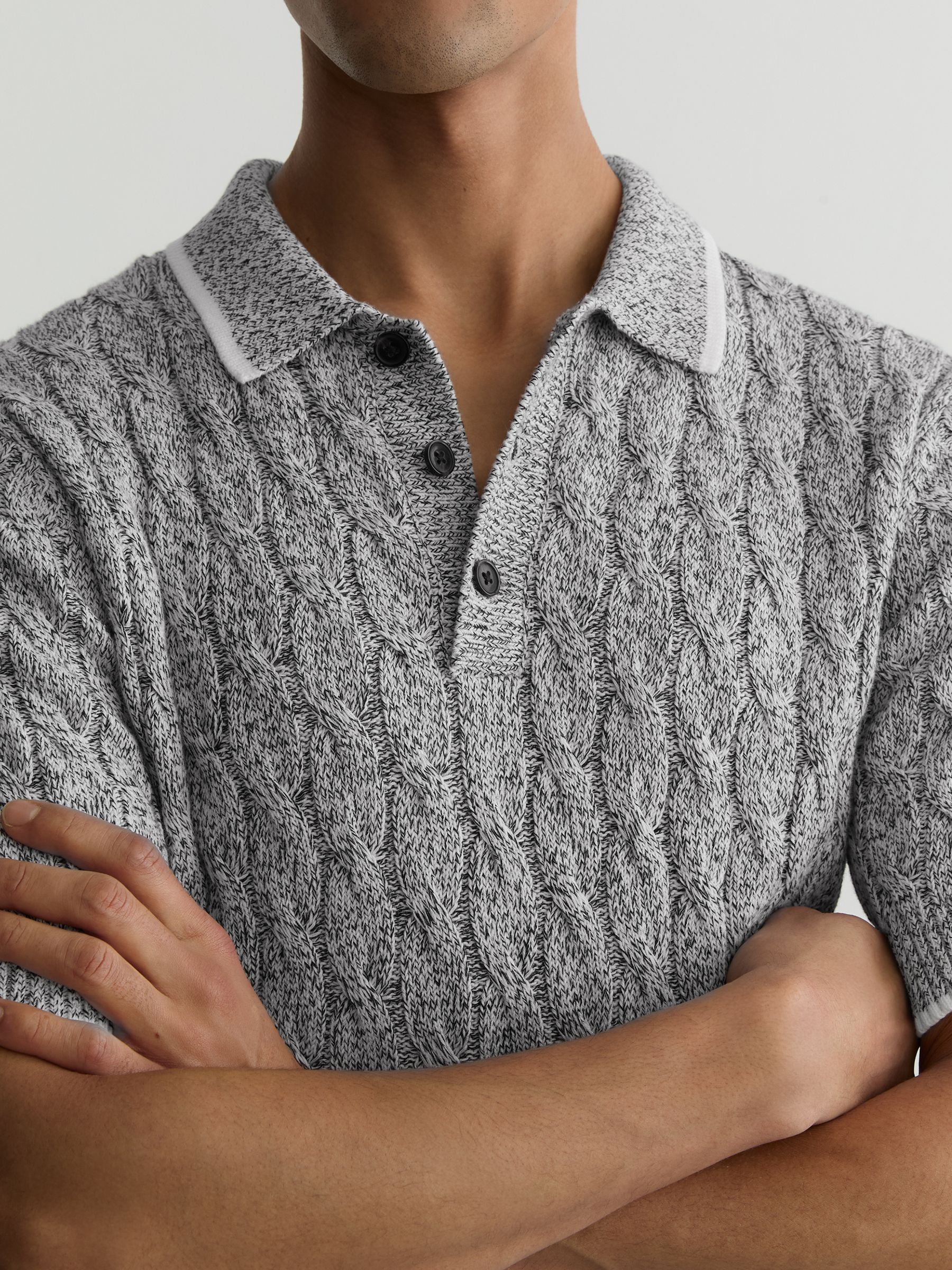 Cotton Cable-Knit Polo Shirt in Black/White - Image 3 of 6