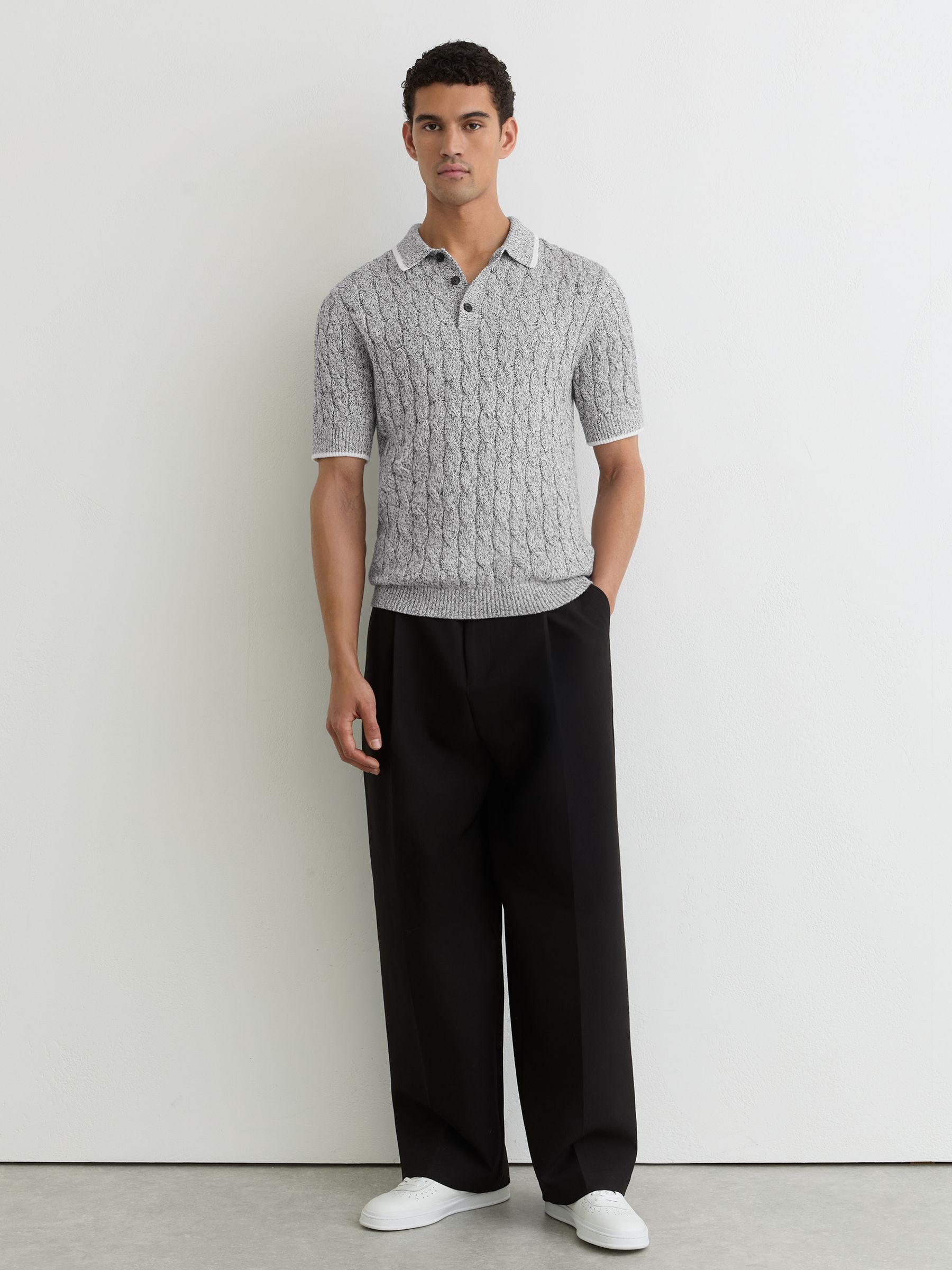 Cotton Cable-Knit Polo Shirt in Black/White - image 5