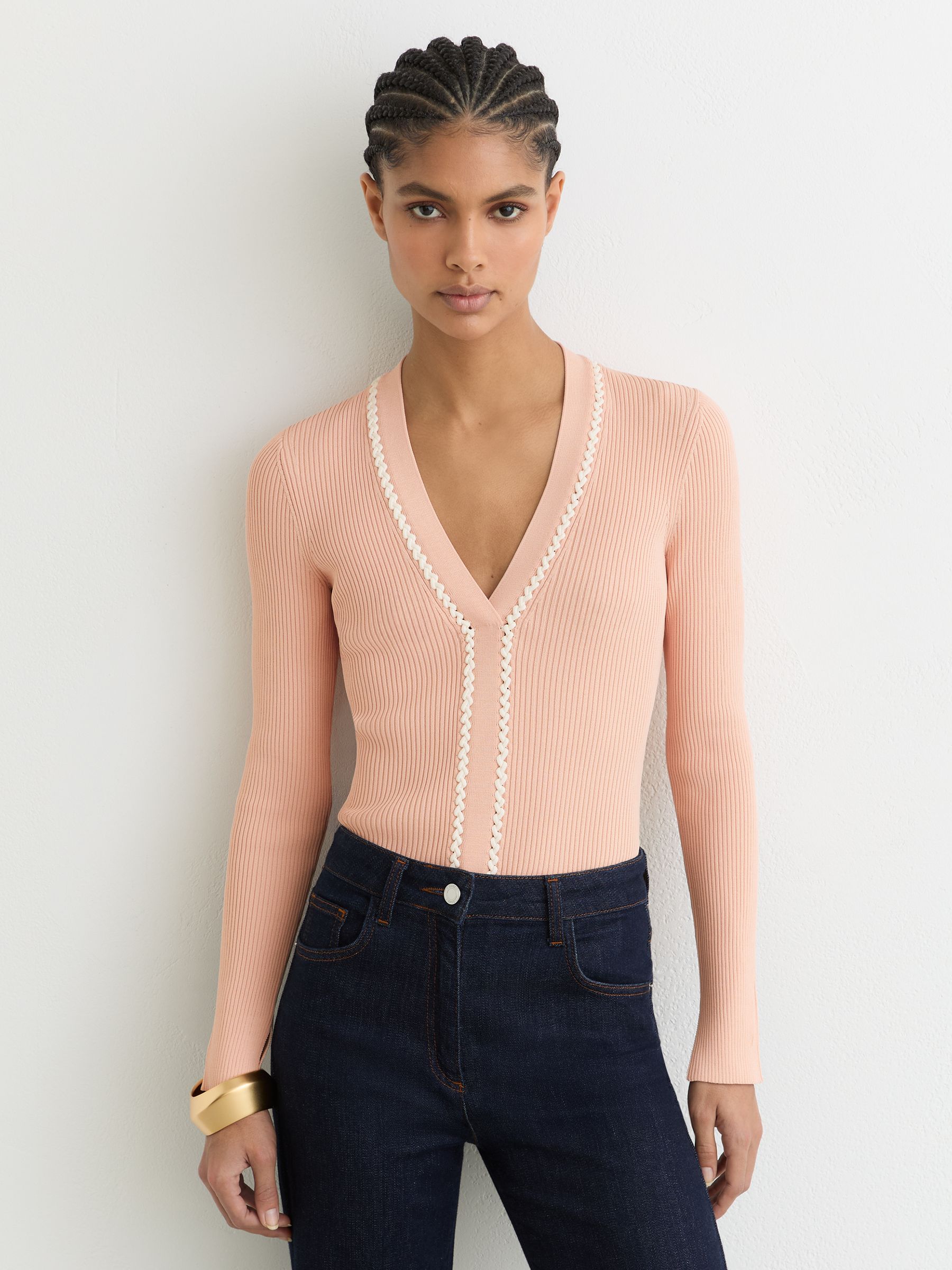 Craft-Stitch Rib-Knit Top in Pink/Ivory - Image 1 of 6