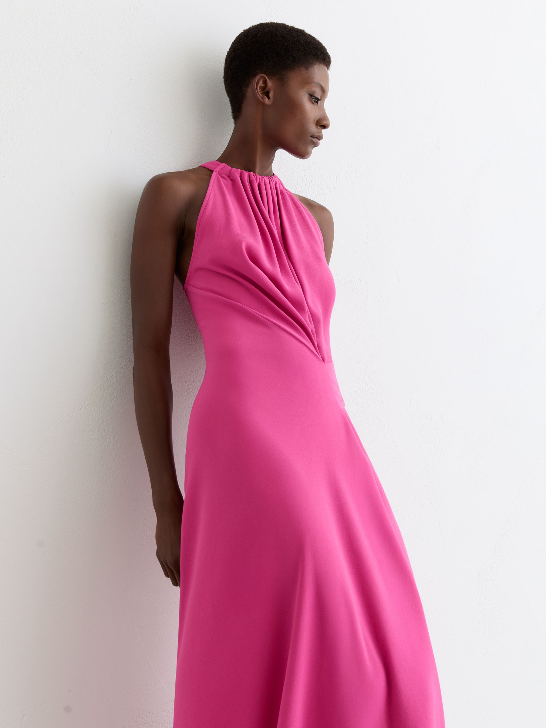 Reiss Drape-Detail Sleeveless Midi Dress in Raspberry Pink | REISS