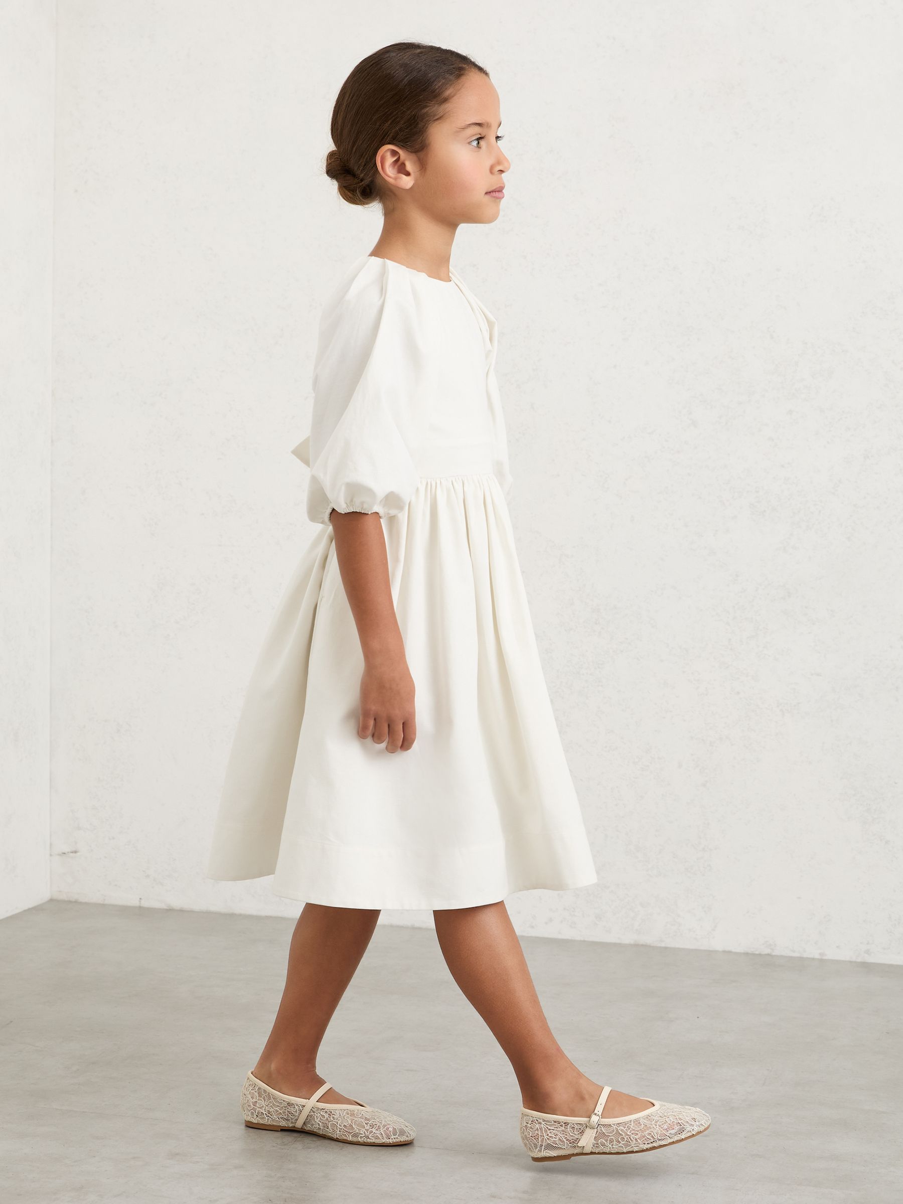 Puff-Sleeve Tie-Back Midi Dress in White - Image 1 of 6