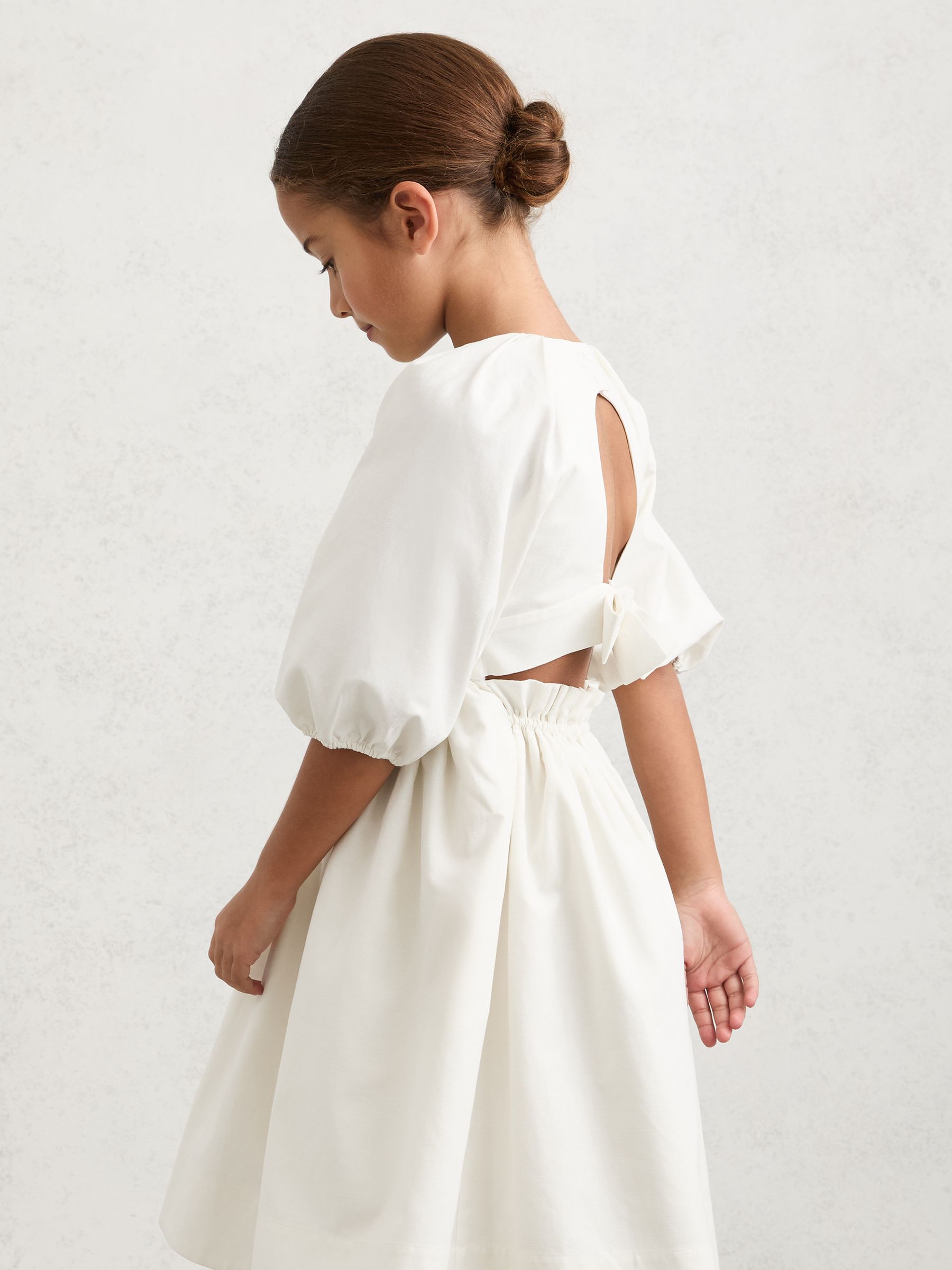 Puff-Sleeve Tie-Back Midi Dress in White - Image 3 of 6