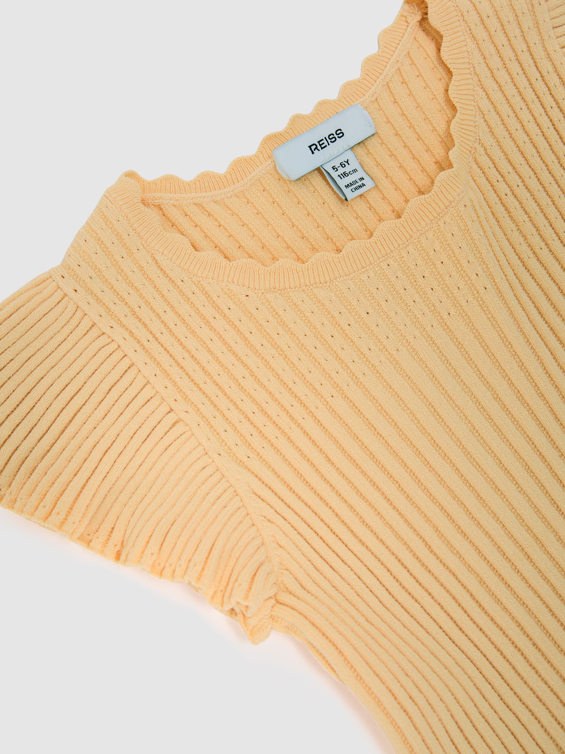 Pointelle Rib-Knit Frill-Sleeve Top in Lemon Yellow - Image 1 of 4 Pointelle Rib-Knit Frill-Sleeve Top in Lemon Yellow - Image 1 of 4