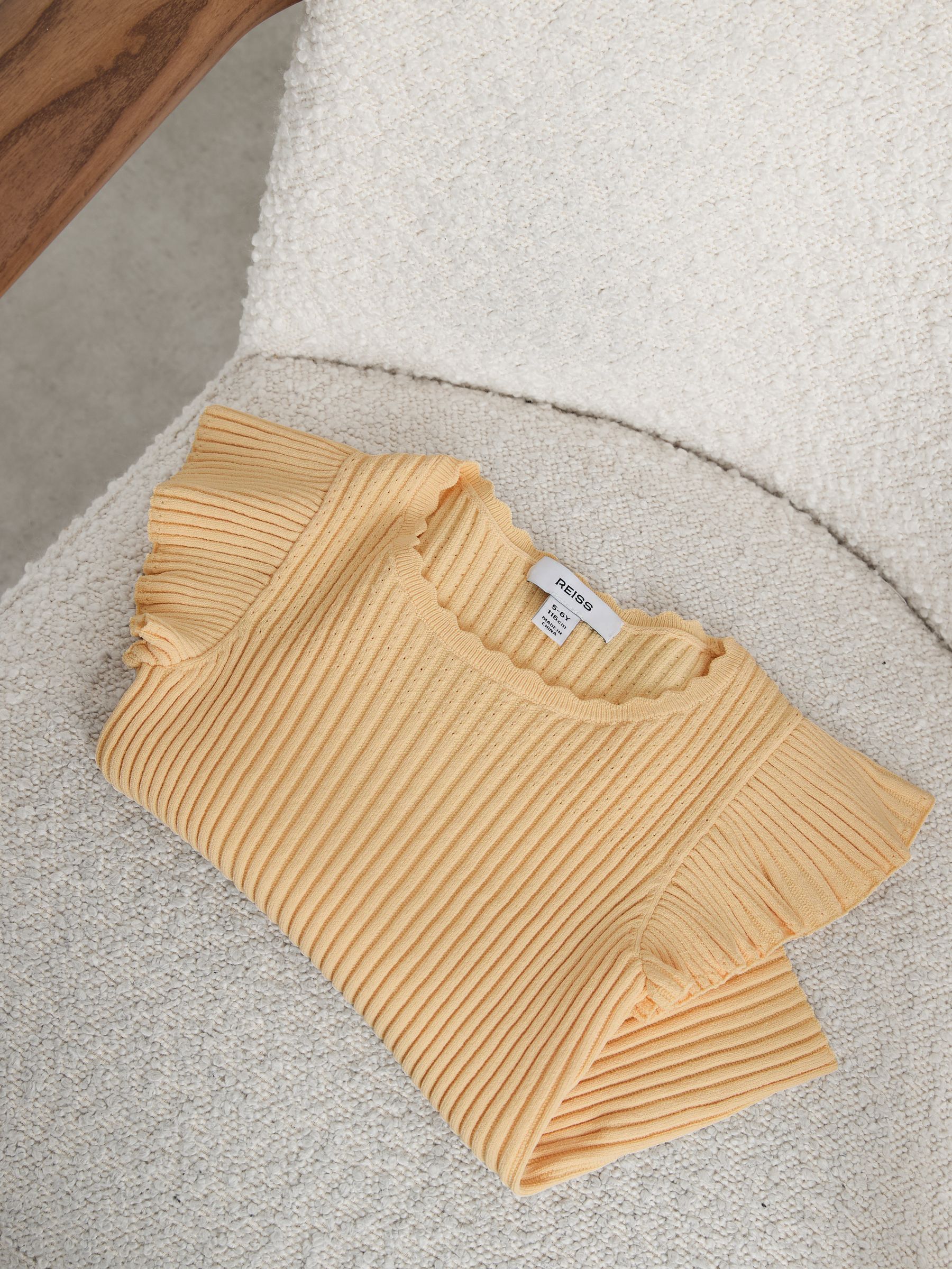 Pointelle Rib Reiss 9-13 yrs Pointelle Rib-Knit Frill-Sleeve Top in Lemon Yellow | REISS