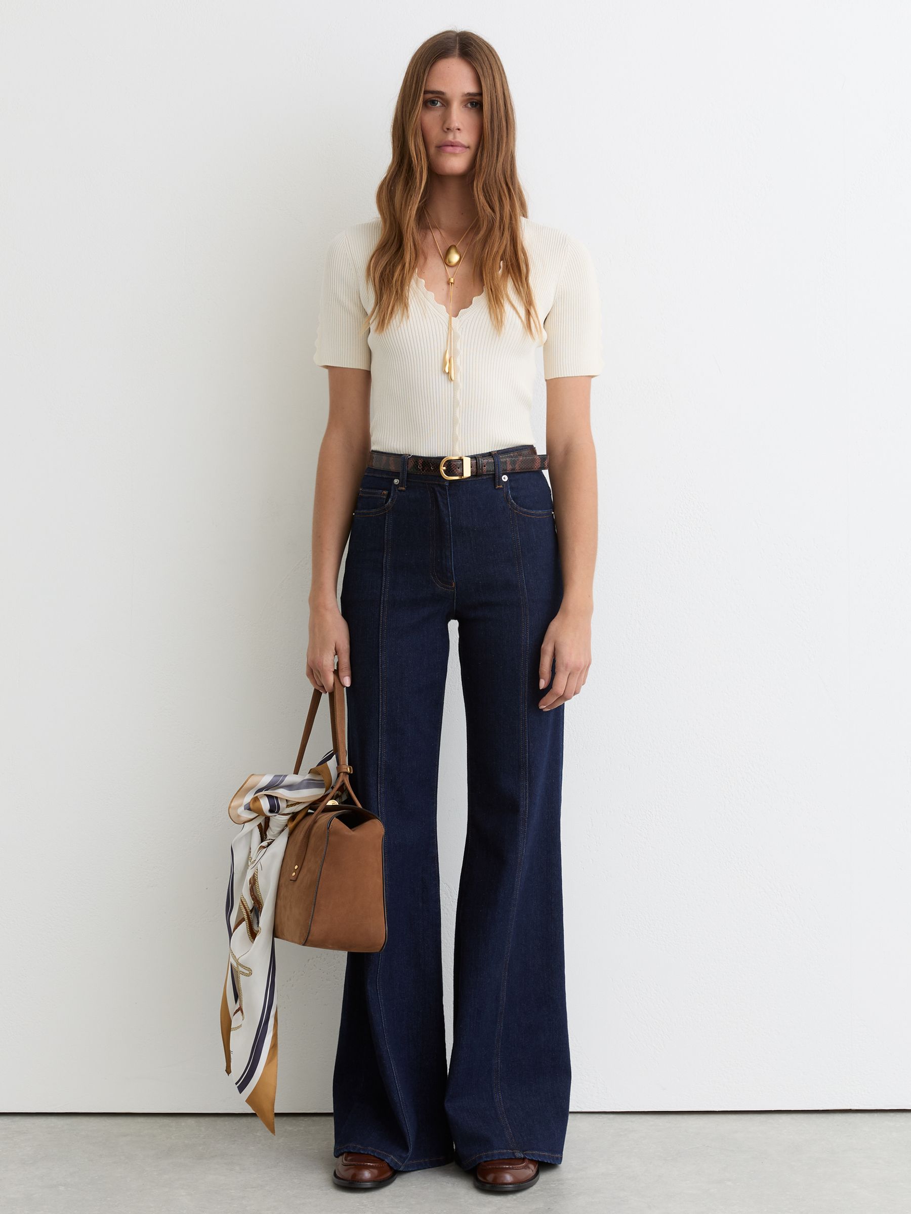 Scallop-Trim Rib-Knit Top in Ivory - Image 1 of 6