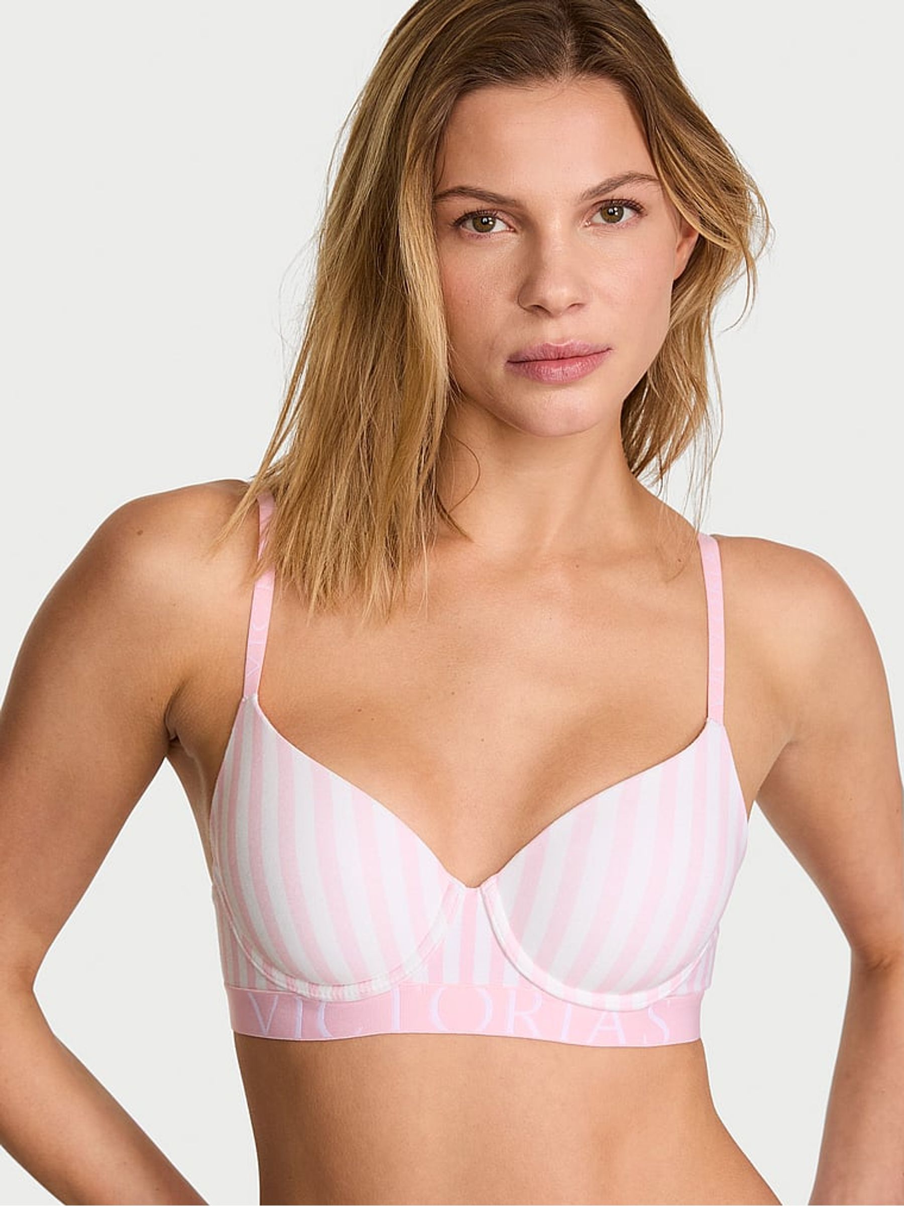 Pretty Blossom Pink Stripes Lightly Lined Demi Cotton Exploded Logo Bra - Image 1 of 2