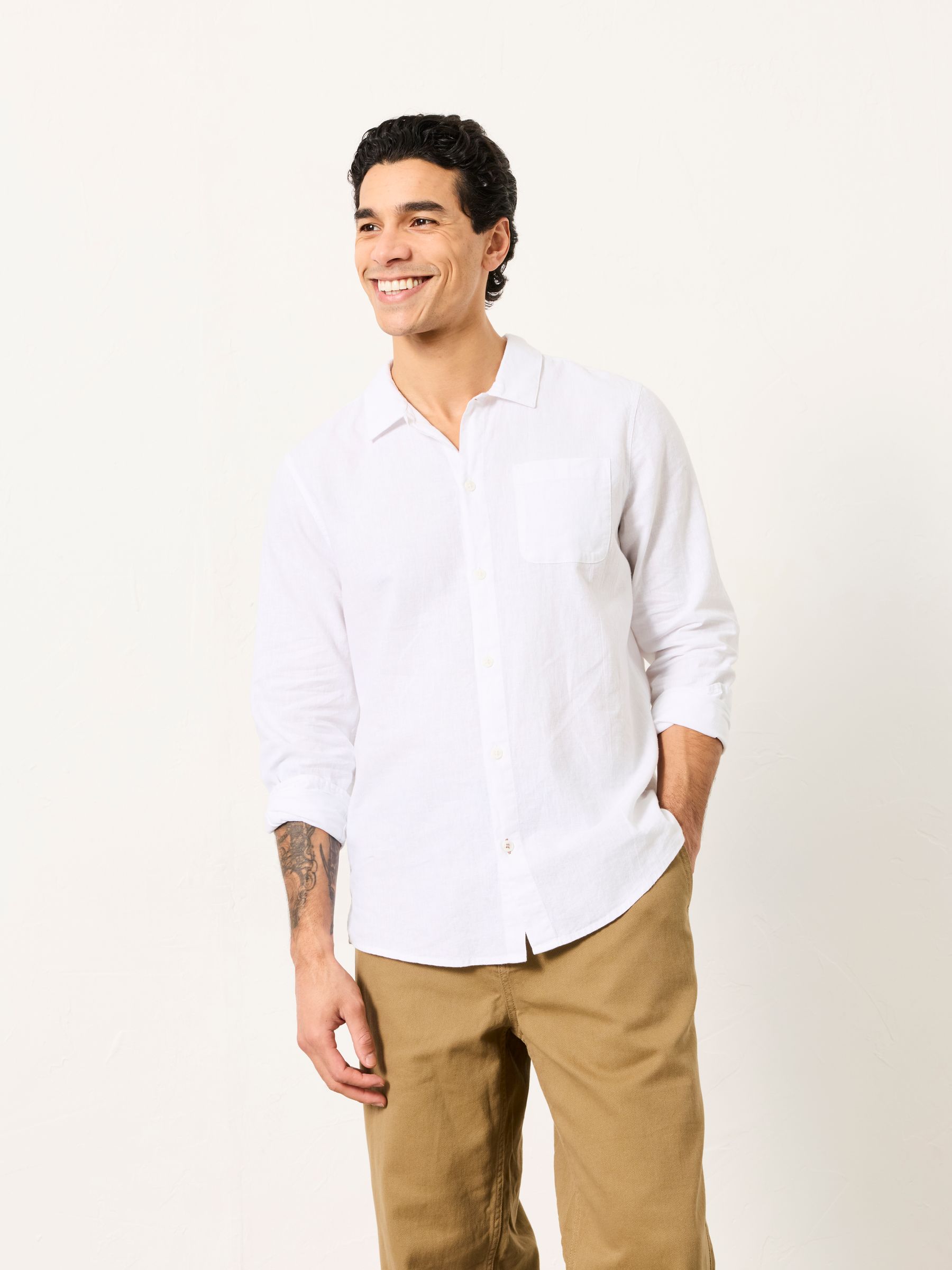 White Long Sleeve Linen Cotton Bugle Shirt | FatFace USA