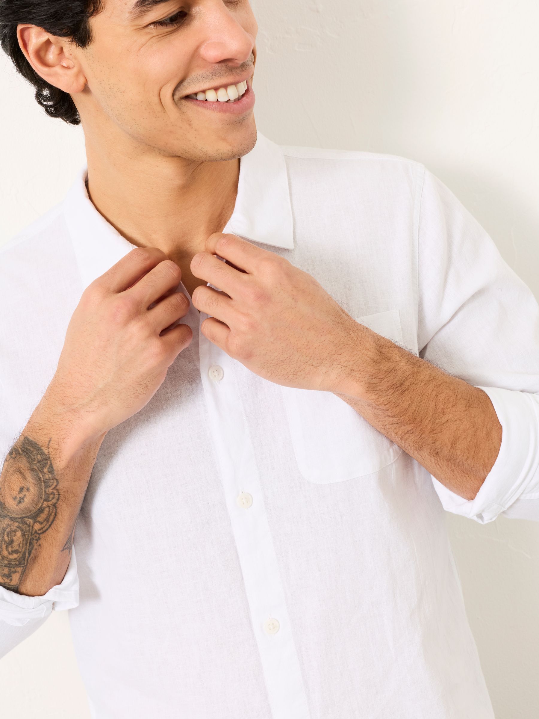 White Long Sleeve Linen Cotton Bugle Shirt | FatFace USA