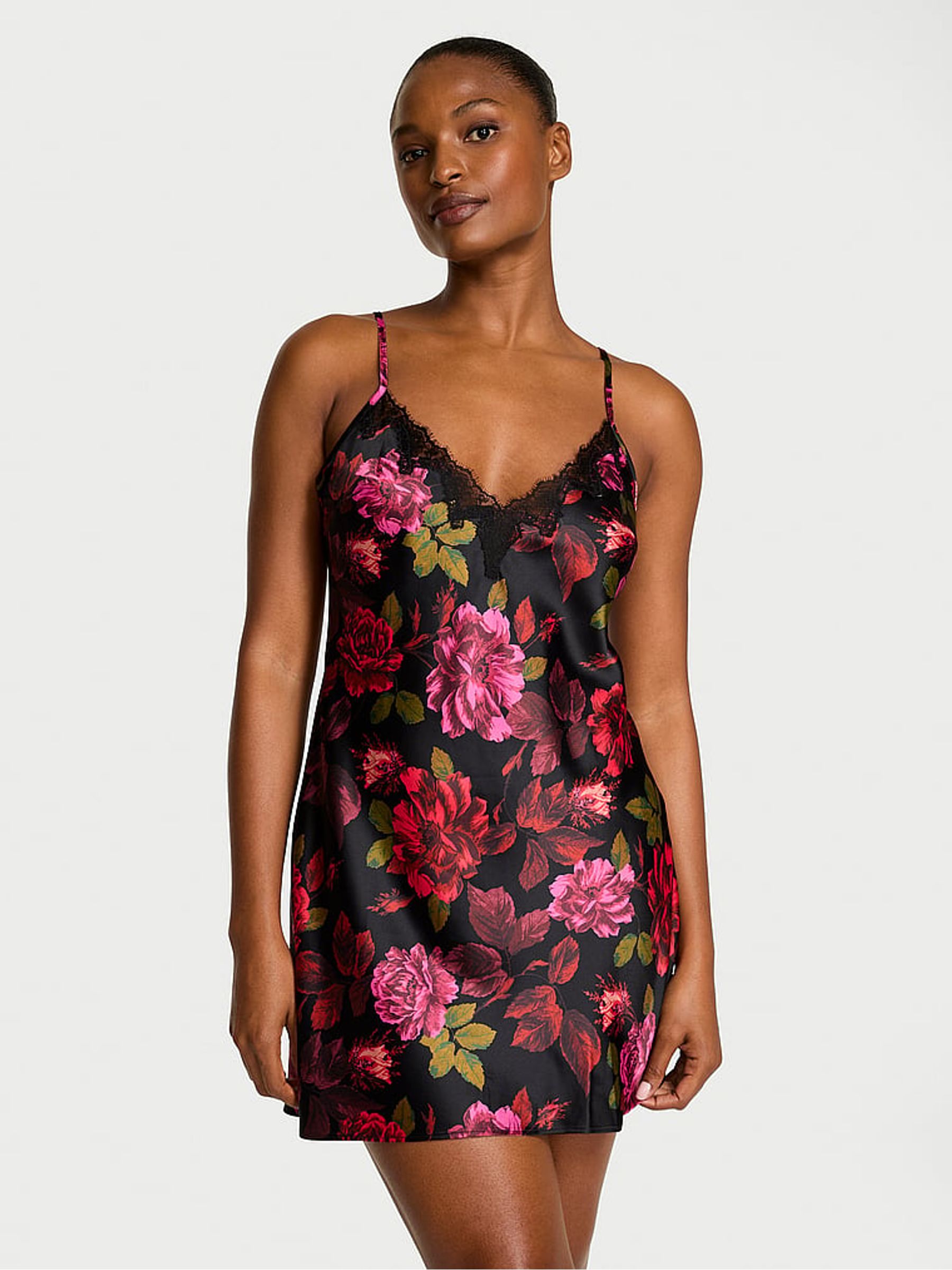 Red Floral Rose Satin Lace Trim Slip Dress - Image 1 of 3