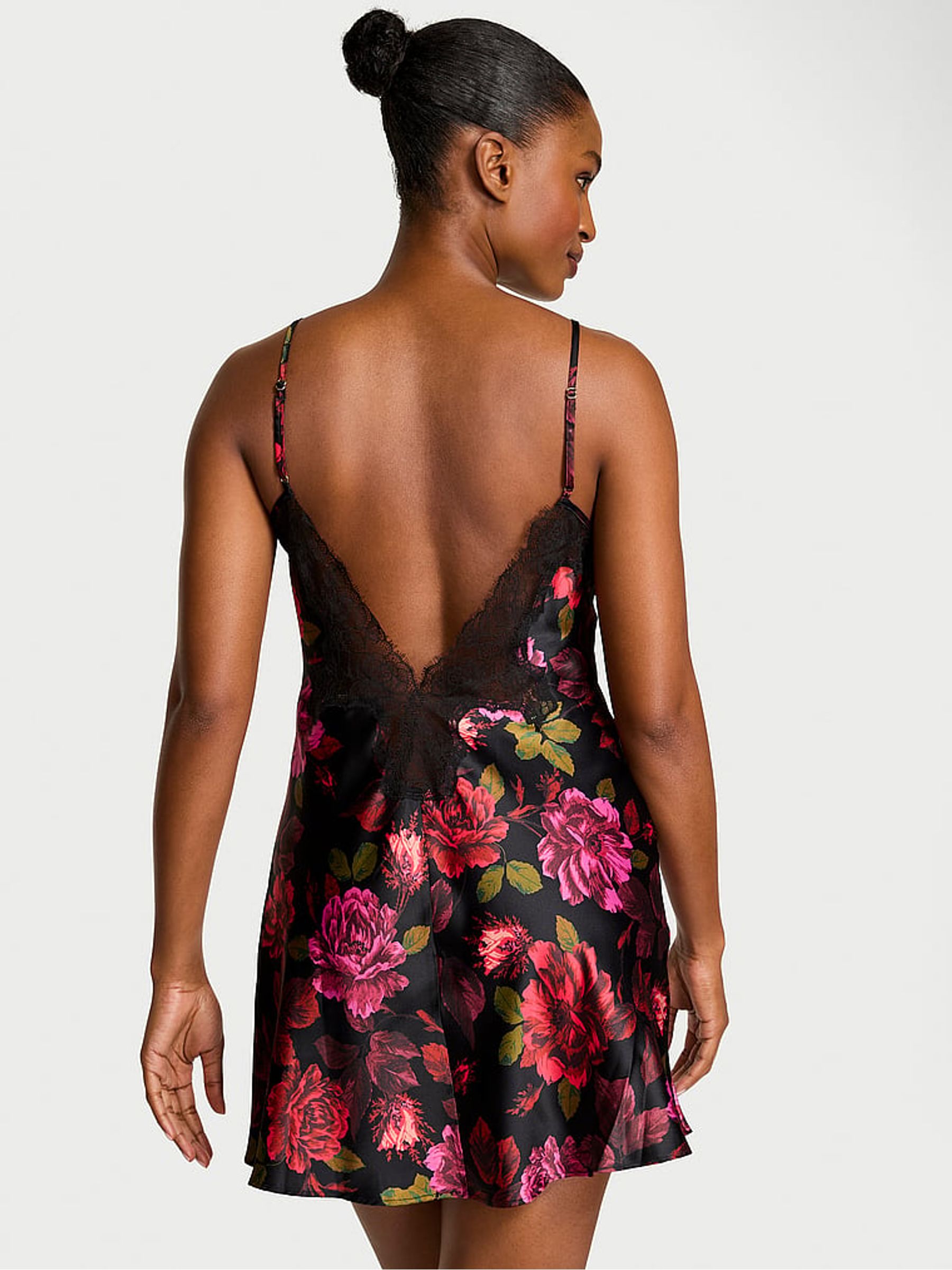 Red Floral Rose Satin Lace Trim Slip Dress - Image 2 of 3