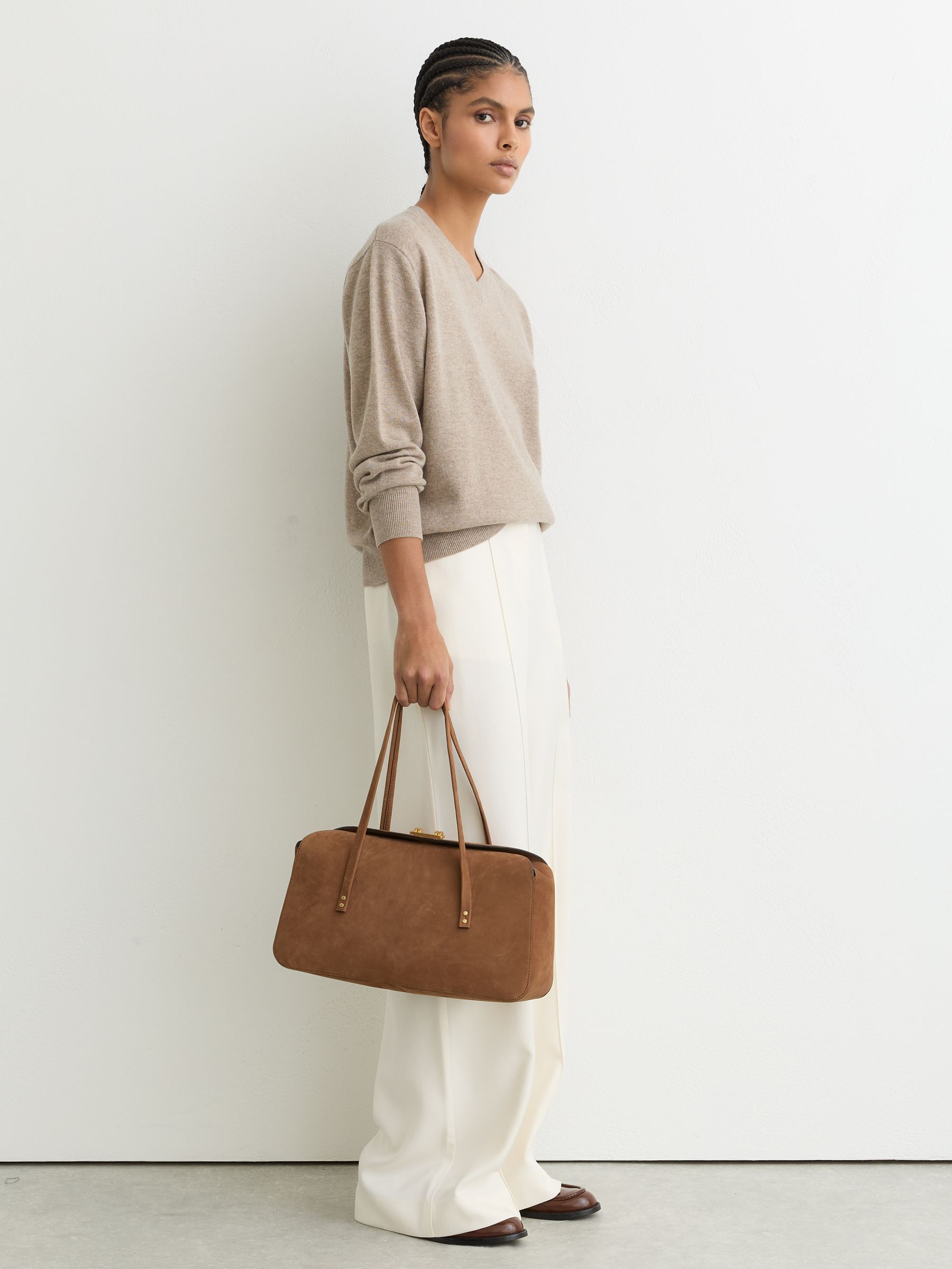 Suede Bowling Bag in Tan - image 3
