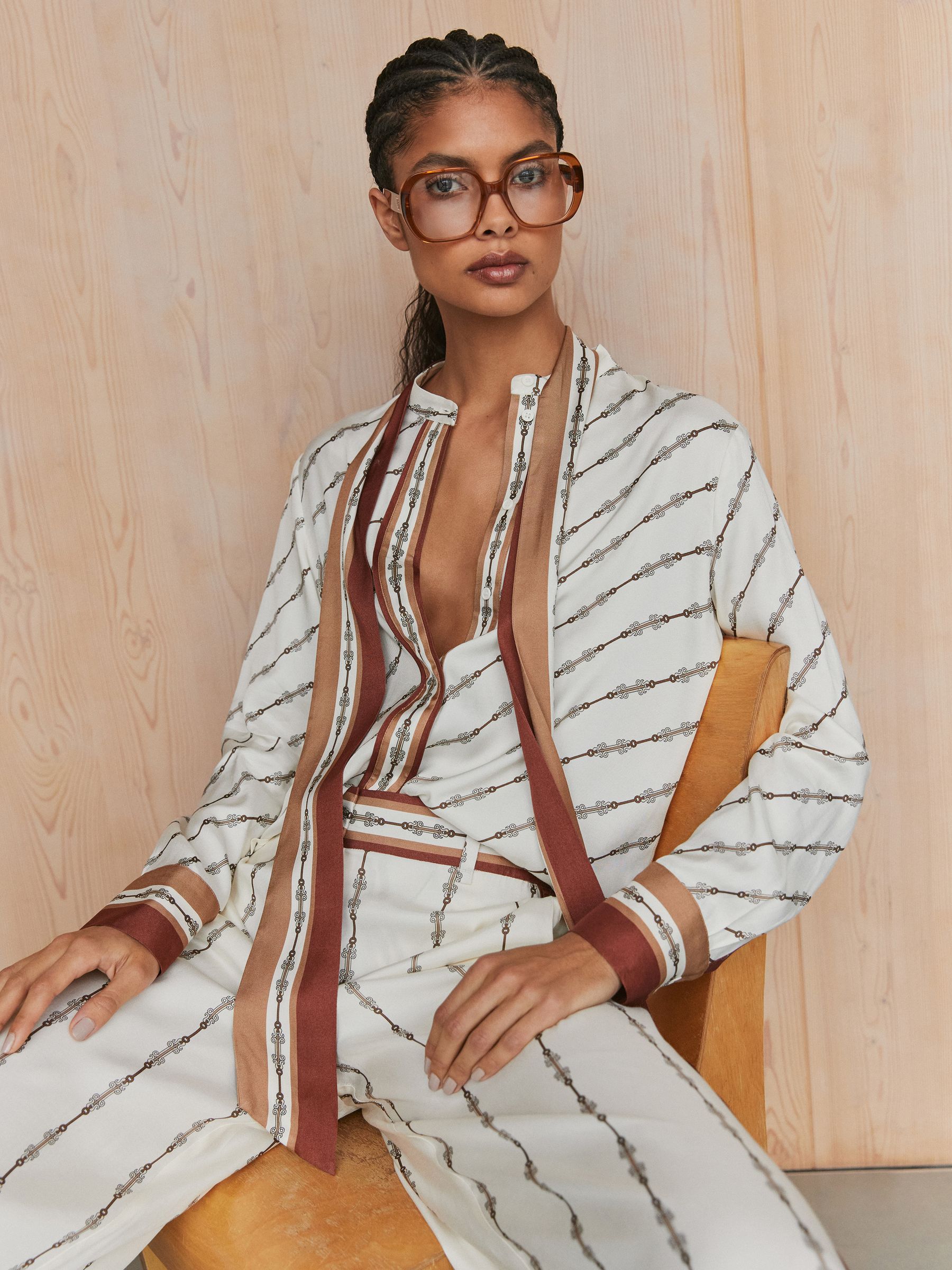 Chain-Print Tie-Neck Shirt in Ivory - Image 1 of 7 Chain-Print Tie-Neck Shirt in Ivory - Image 1 of 7