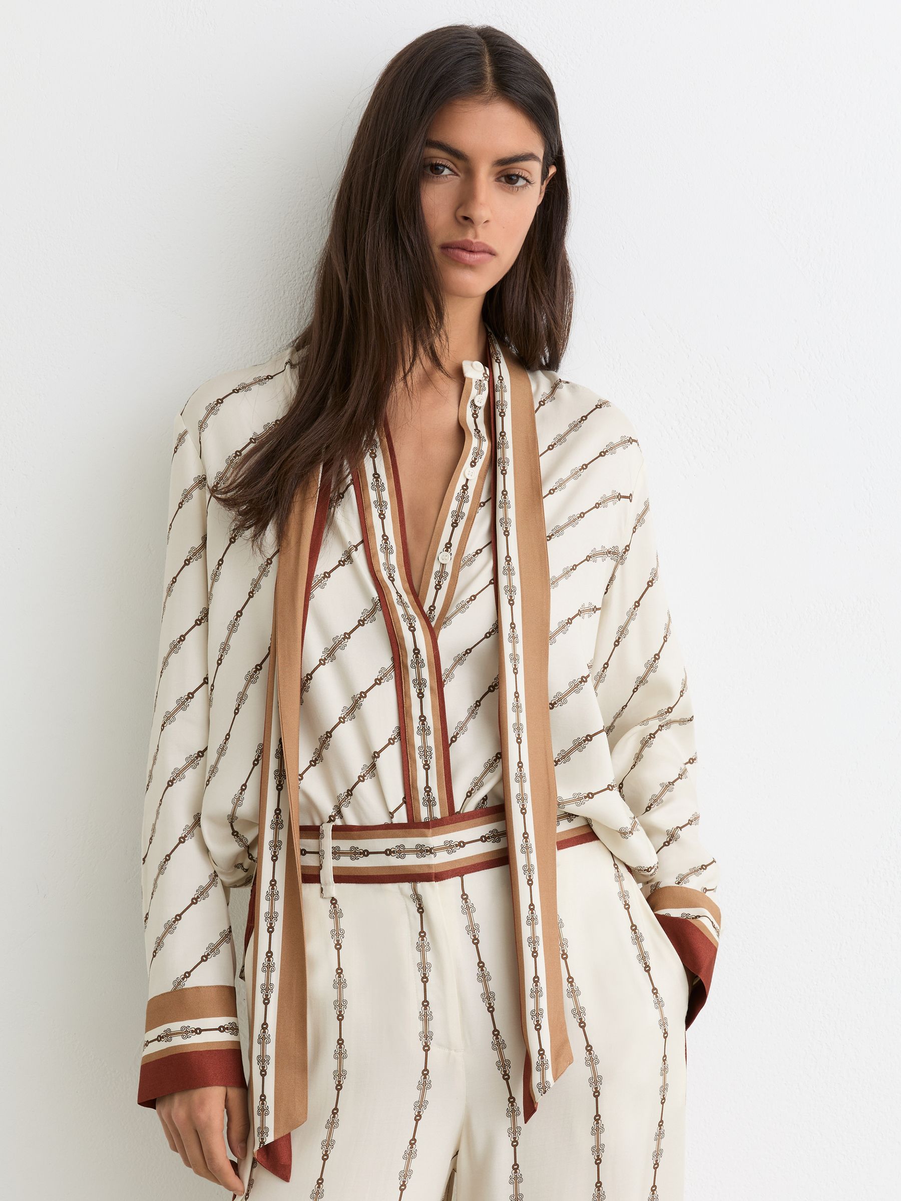 Chain-Print Tie-Neck Shirt in Ivory - image 4