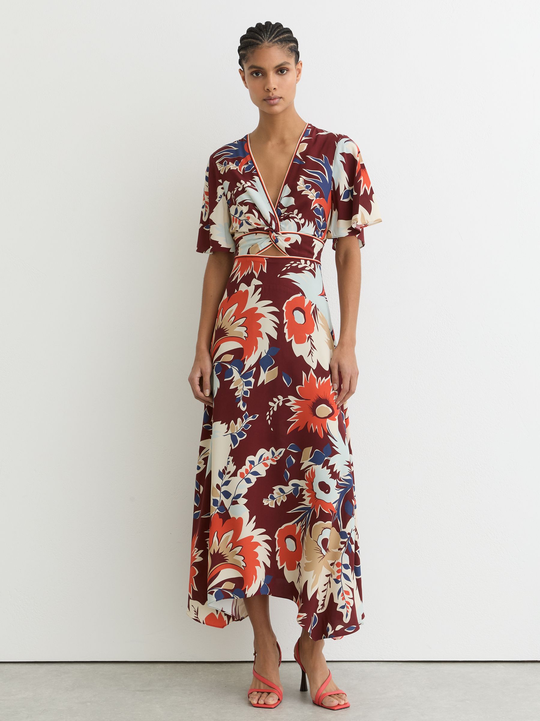 Floral-Print Cut-Out Midi Dress in Burgundy - Image 1 of 7