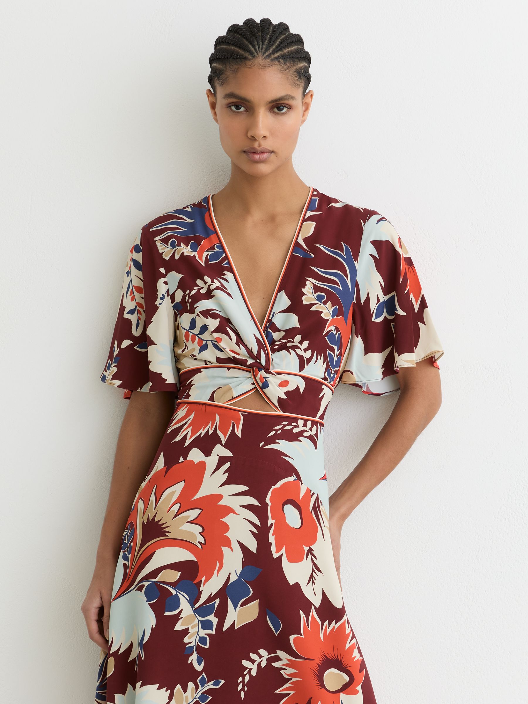 Floral-Print Cut-Out Midi Dress in Burgundy - Image 3 of 7