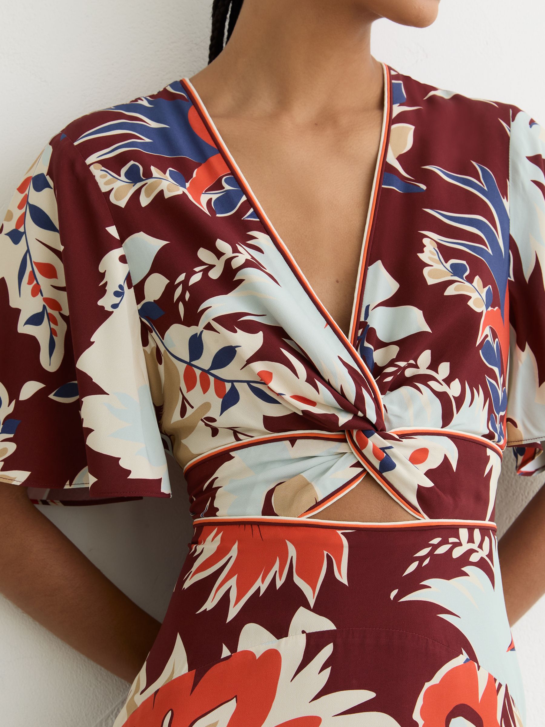 Floral-Print Cut-Out Midi Dress in Burgundy - Image 4 of 7