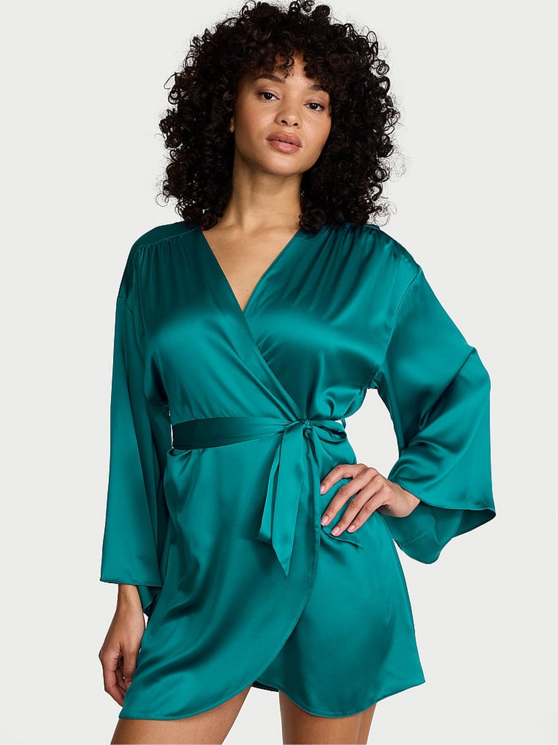 True Teal Blue Satin Short Robe - Image 1 of 2